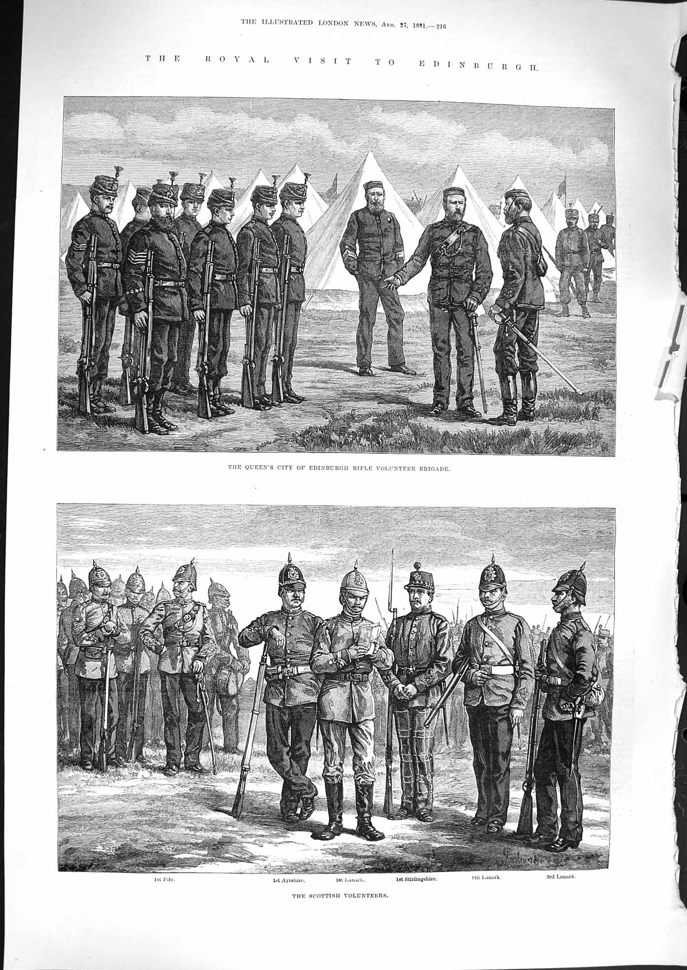 Original Old Antique Print 1881 Edinburgh Rifle Volunteers Lanark Ayrshire Sier