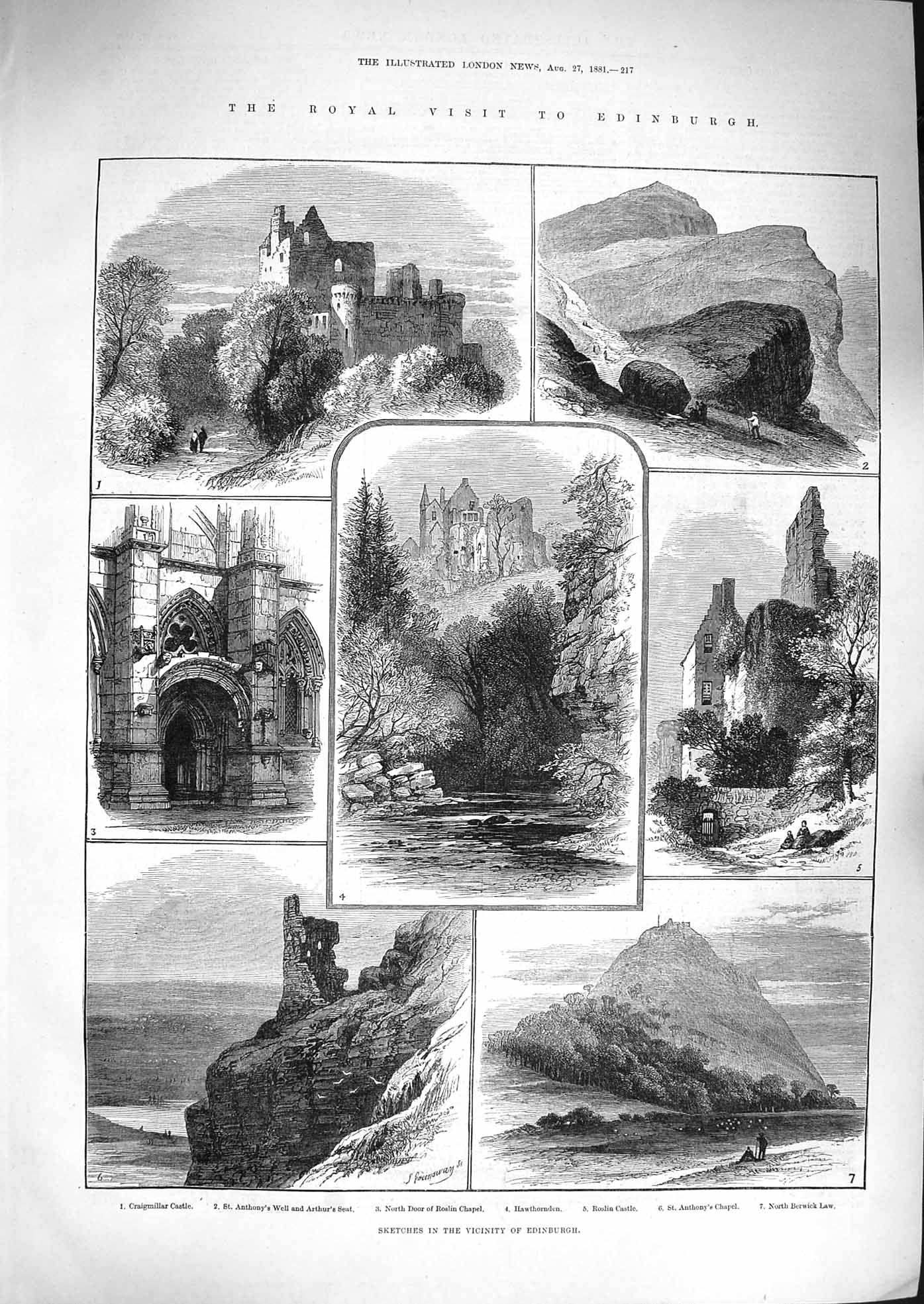 Old Antique Print 1881 Edinburgh Craigmillar Castle Roslin Arthur'S Seat 19th