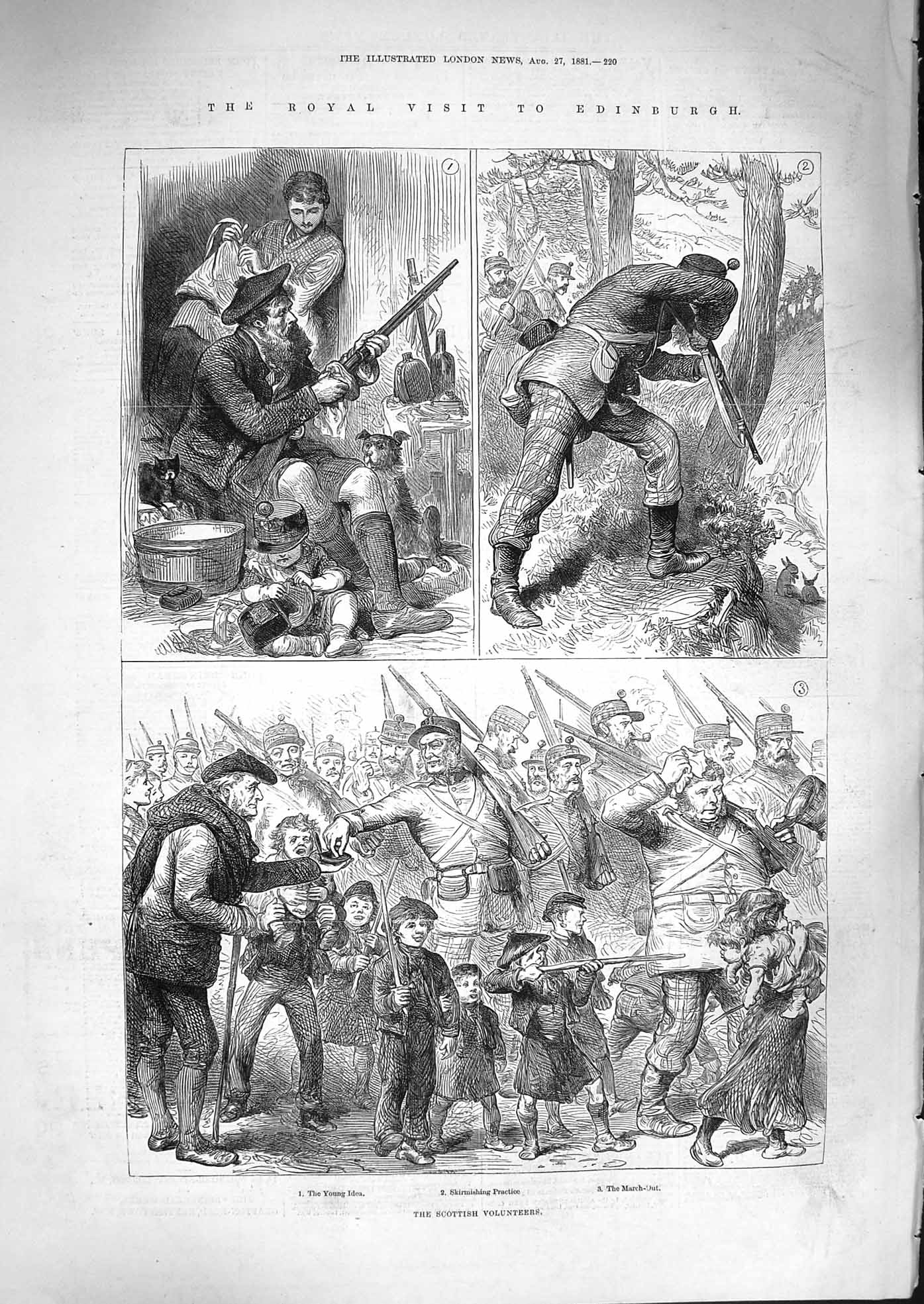 Original Old Antique Print 1881 Edinburgh Scottish War Volunteers War Children