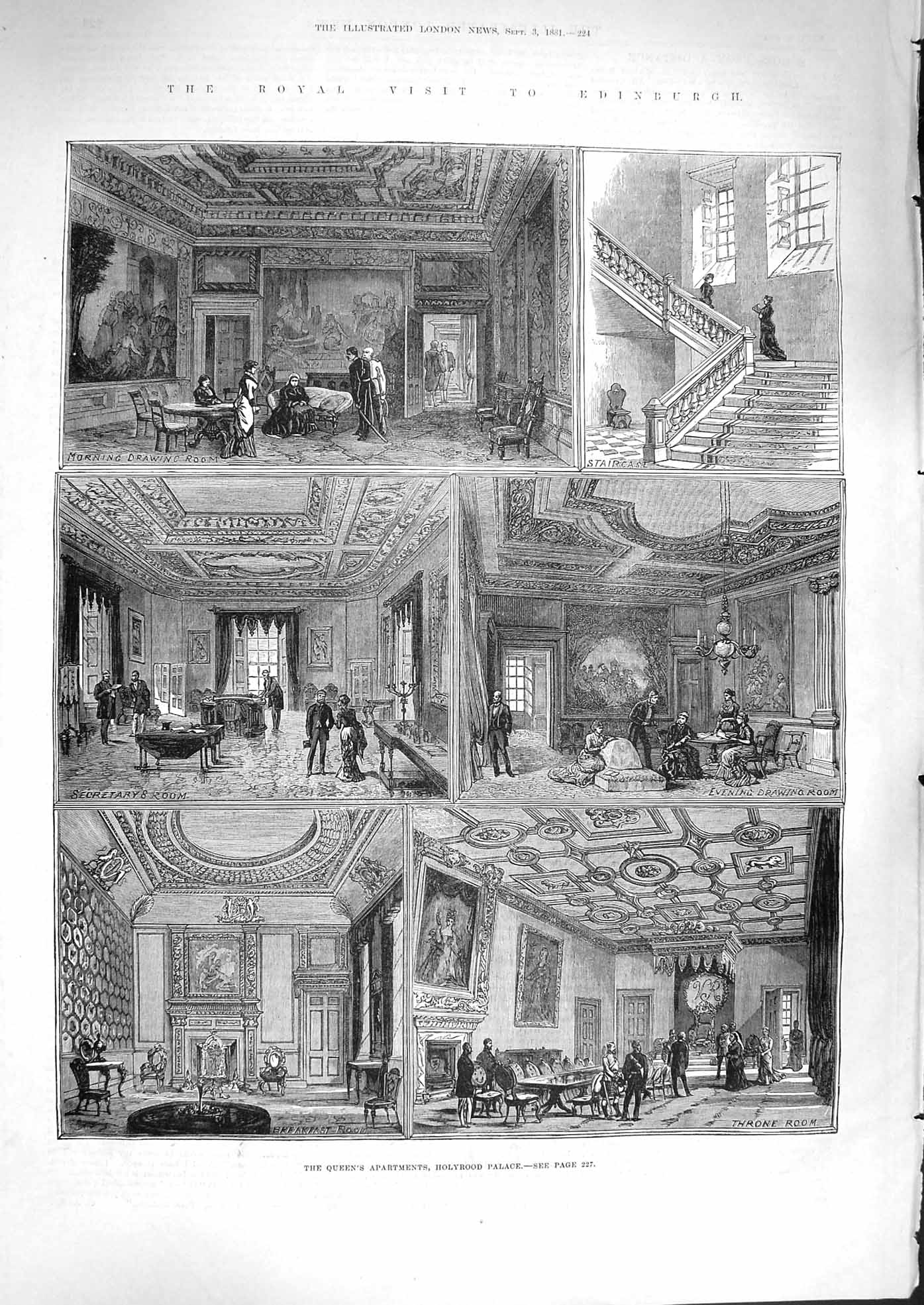 Original Old Antique Print 1881 Queen Apartments Holyrood Palace Edinburgh 19th