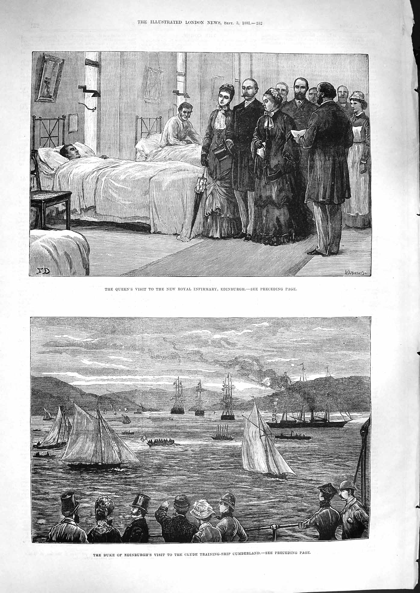 Old Antique Print 1881 Queen Infirmary Hospital Edinburgh Ship Cumberland 19th