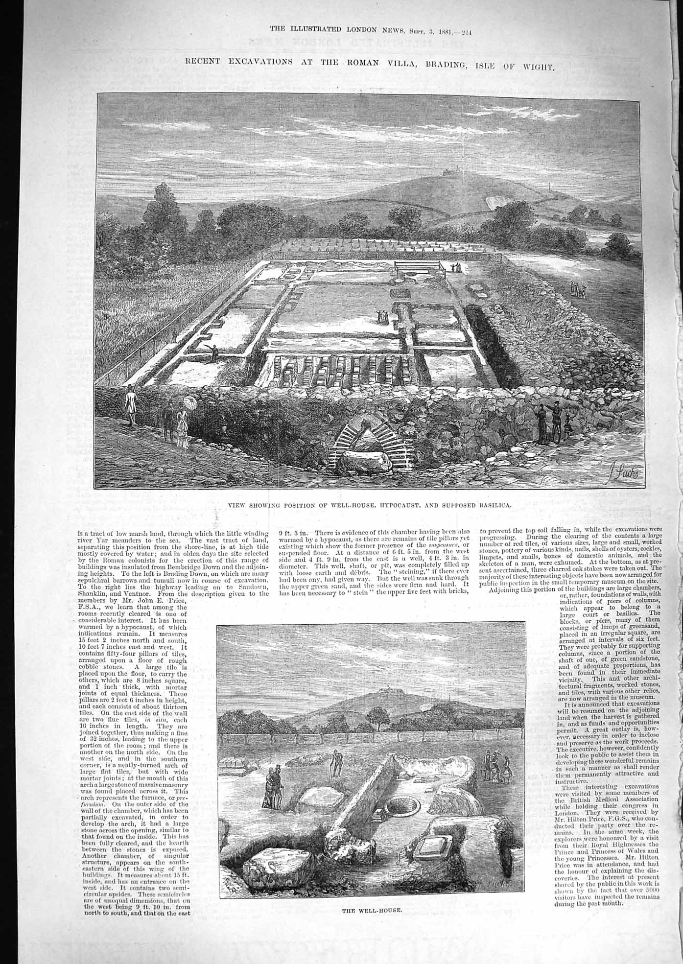 Original Old Antique Print 1881 Excavations Roman Villa Isle Wight Well-House