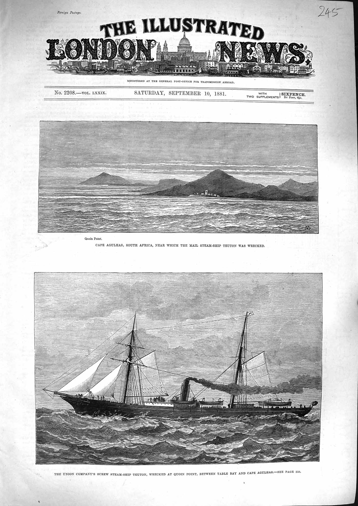 Original Old Antique Print 1881 Cape Agulahs Africa Ship Teuton Quoin Table Bay