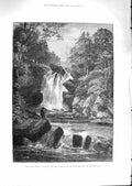 Original Old Antique Print 1881 Falls Muick Ballater Fishing River Scotland