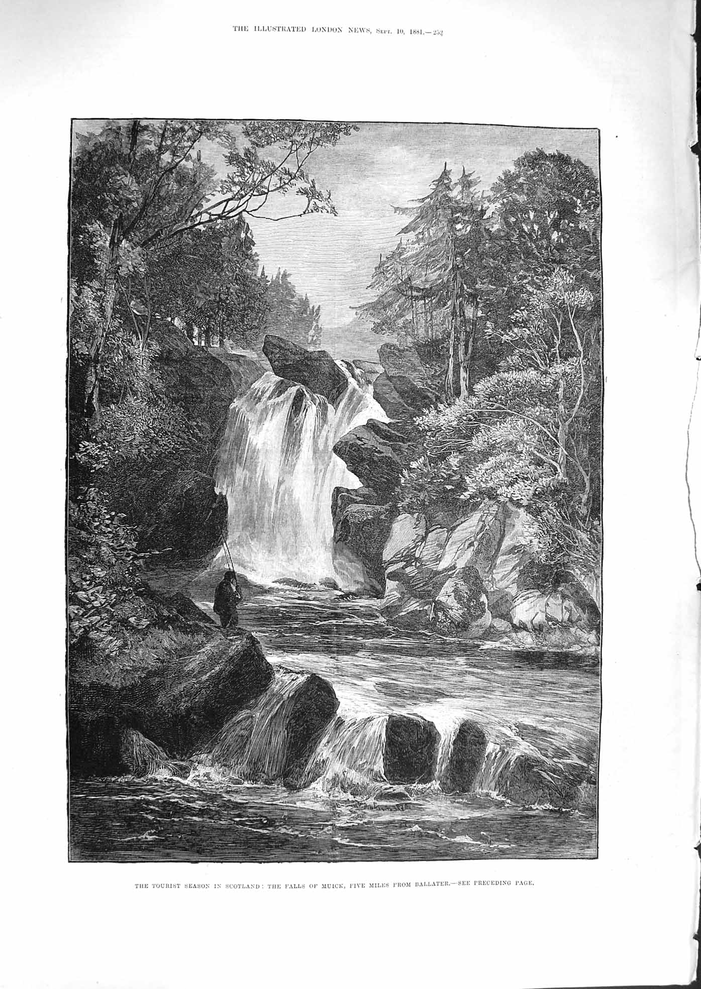 Original Old Antique Print 1881 Falls Muick Ballater Fishing River Scotland