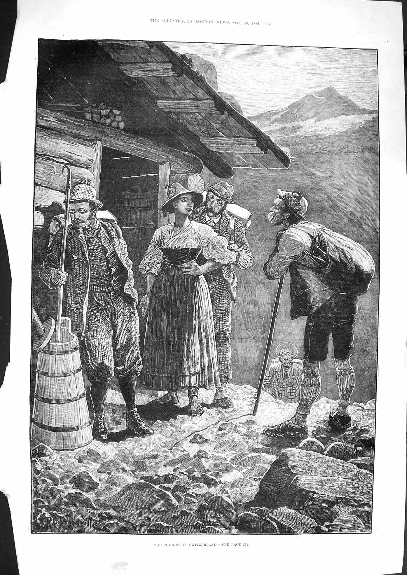 Original Old Antique Print 1881 Tourist Switzerland Mountains House Fine Art