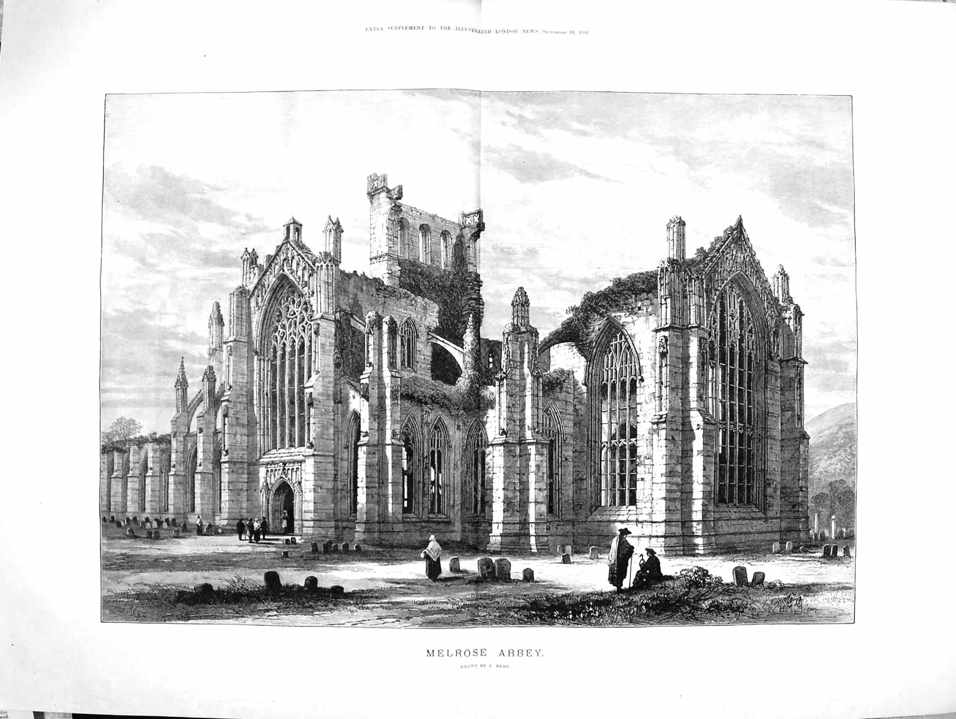 Original Old Antique Print 1881 Exterior Melrose Abbey Scotland Architecture