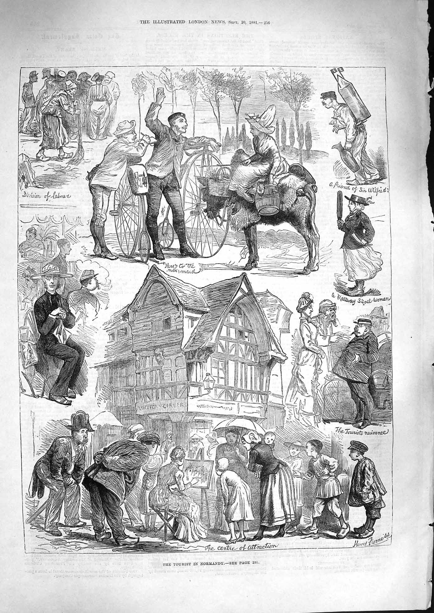 Original Old Antique Print 1881 Tourist Normandy France Milkmaid Railway Woman