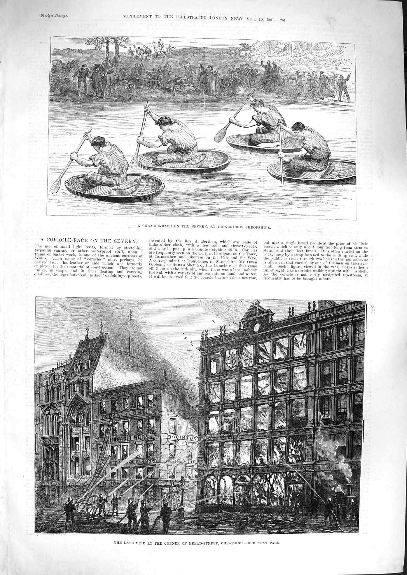 Original Old Antique Print 1881 Coracle Boat Race Severn Shropshire Fire Ch 19th