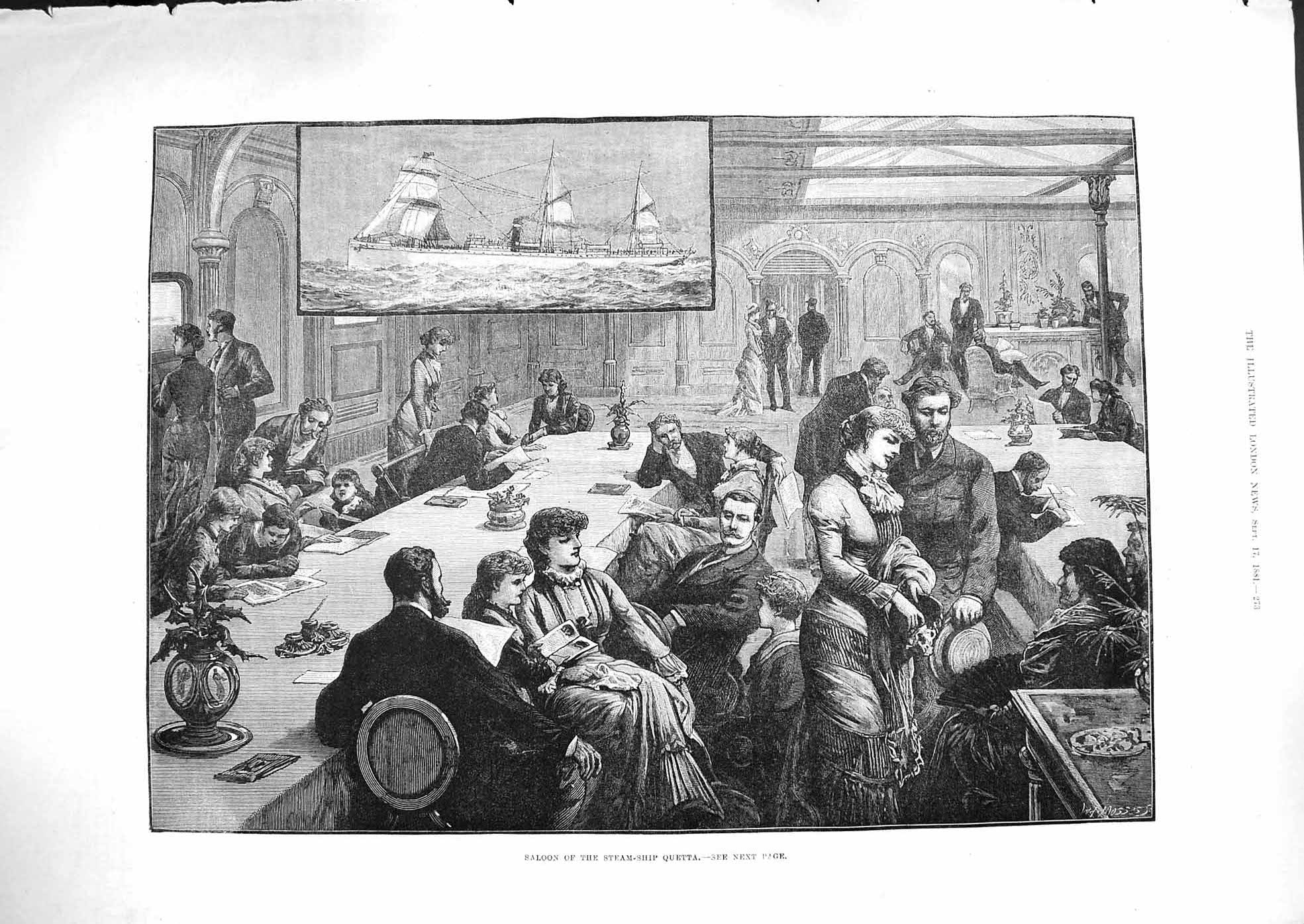 Original Old Antique Print 1881 Saloon Steam Ship Quetta Passengers Fine Art