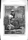 Original Old Antique Print 1881 Fine Art Young Woman Bead Basket Lake Victorian