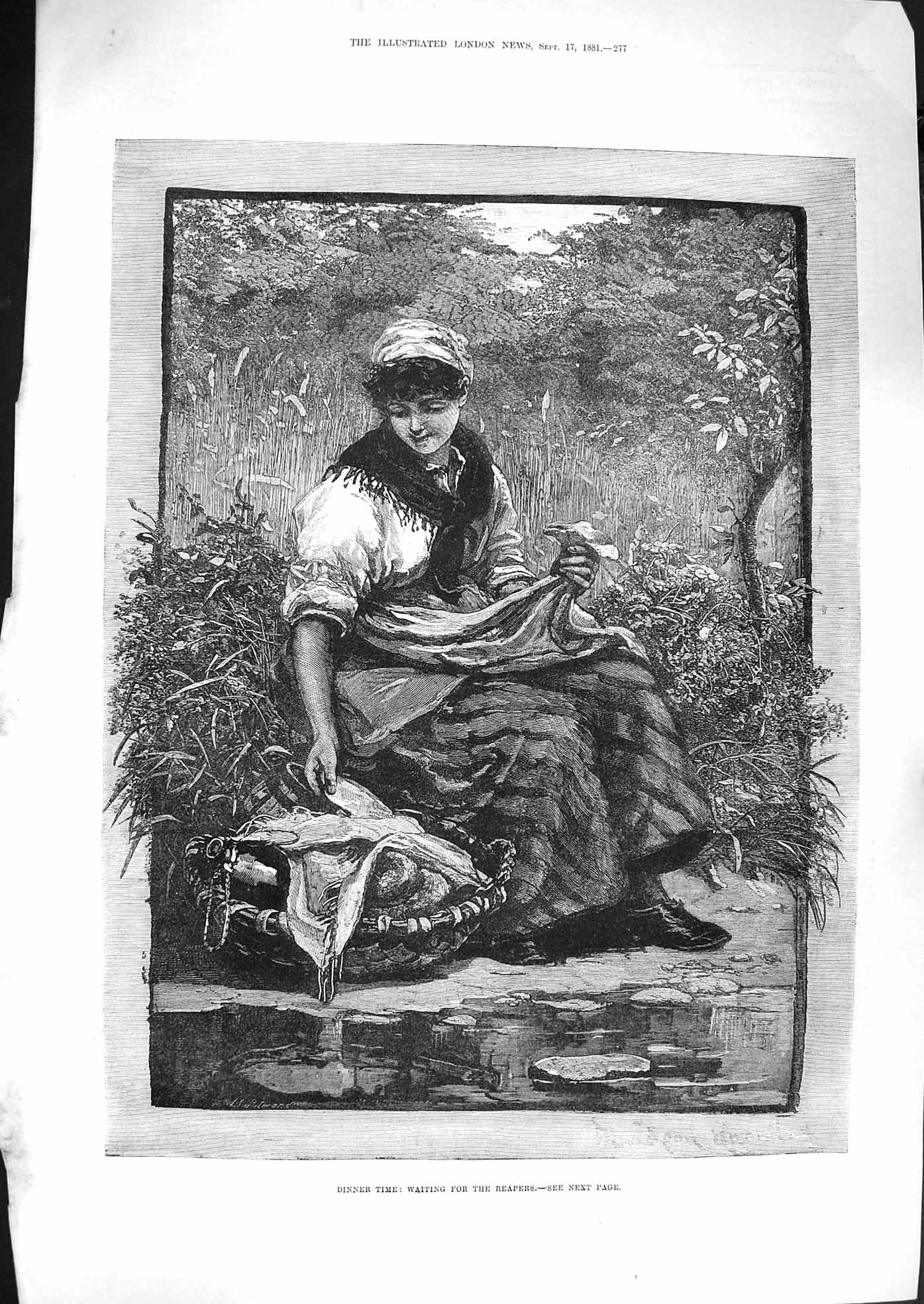 Original Old Antique Print 1881 Fine Art Young Woman Bead Basket Lake Victorian