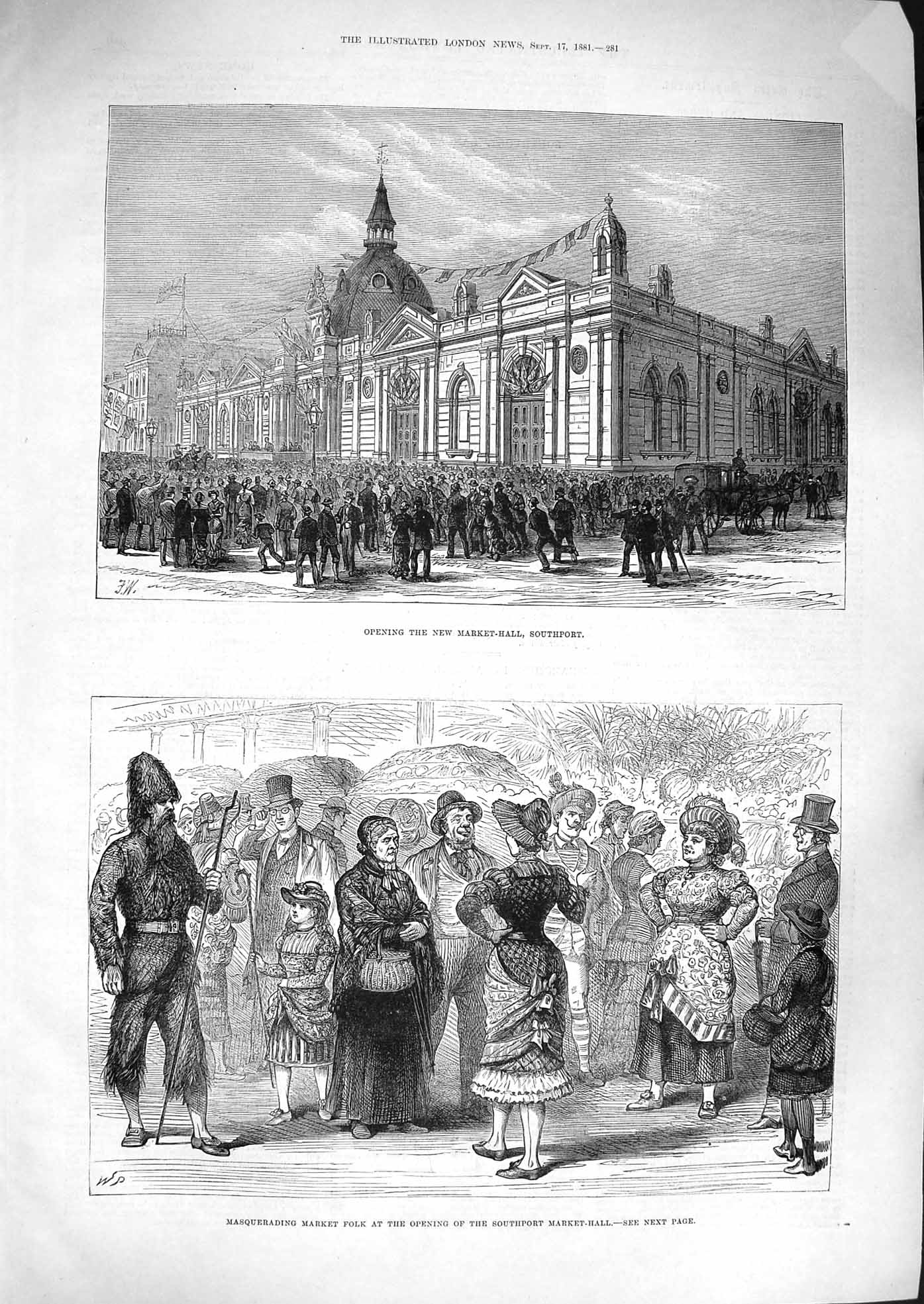 Original Old Antique Print 1881 Market Hall Southport Masquerading Folk England