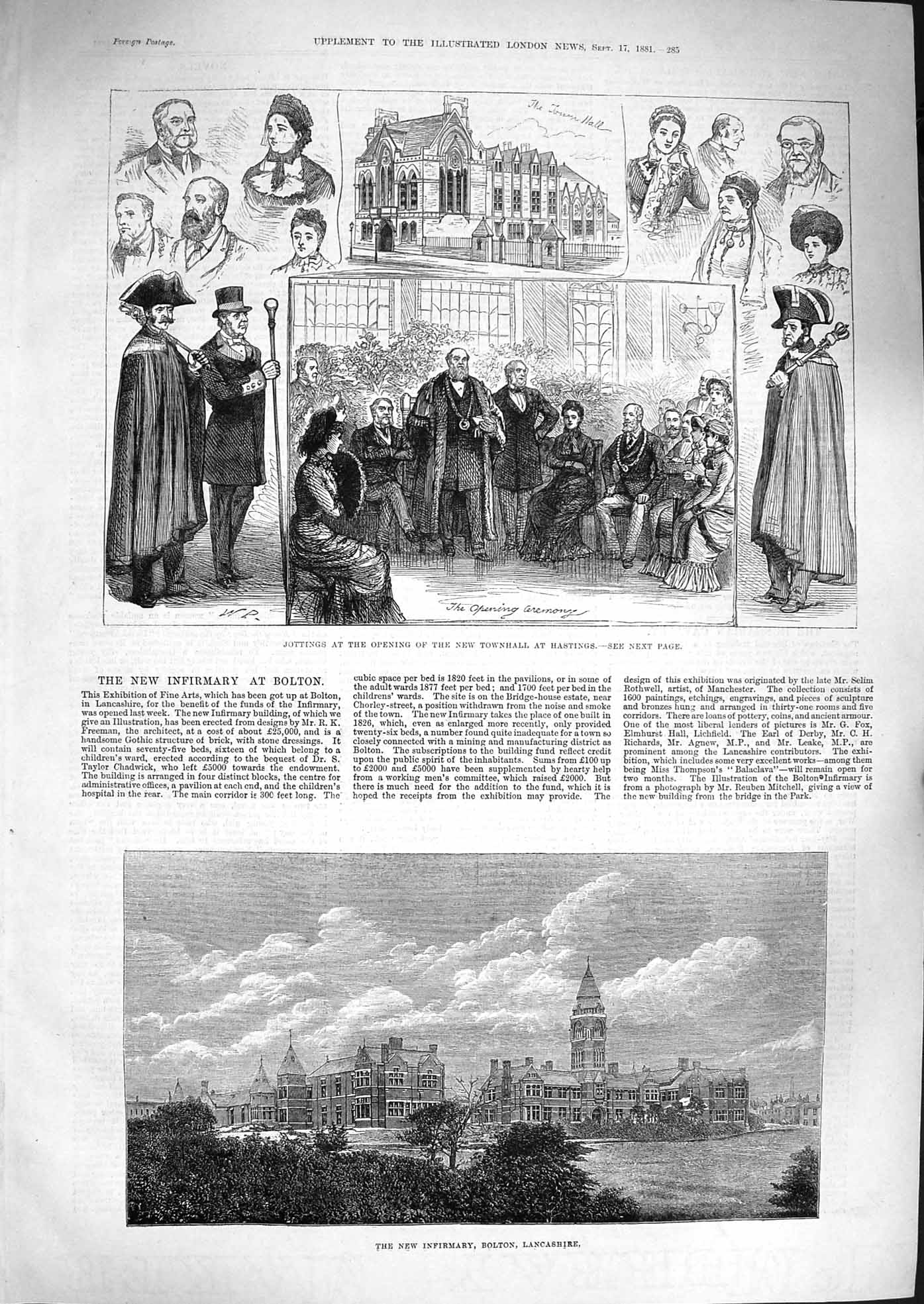 Old Antique Print 1881 Infirmary Bolton Hospital Townhall Hastings Mayor 19th