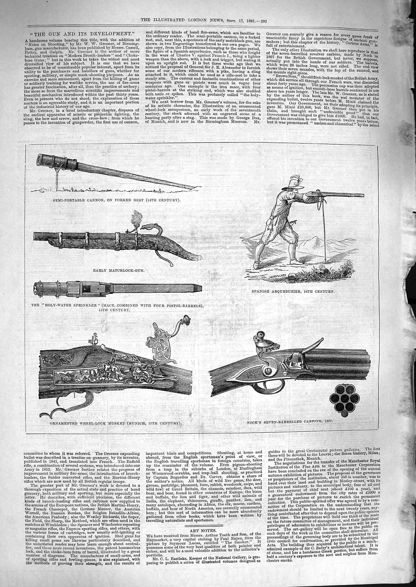 Original Old Antique Print 1881 Wheel-Lock Musket Nock'S Arquebusier Victorian