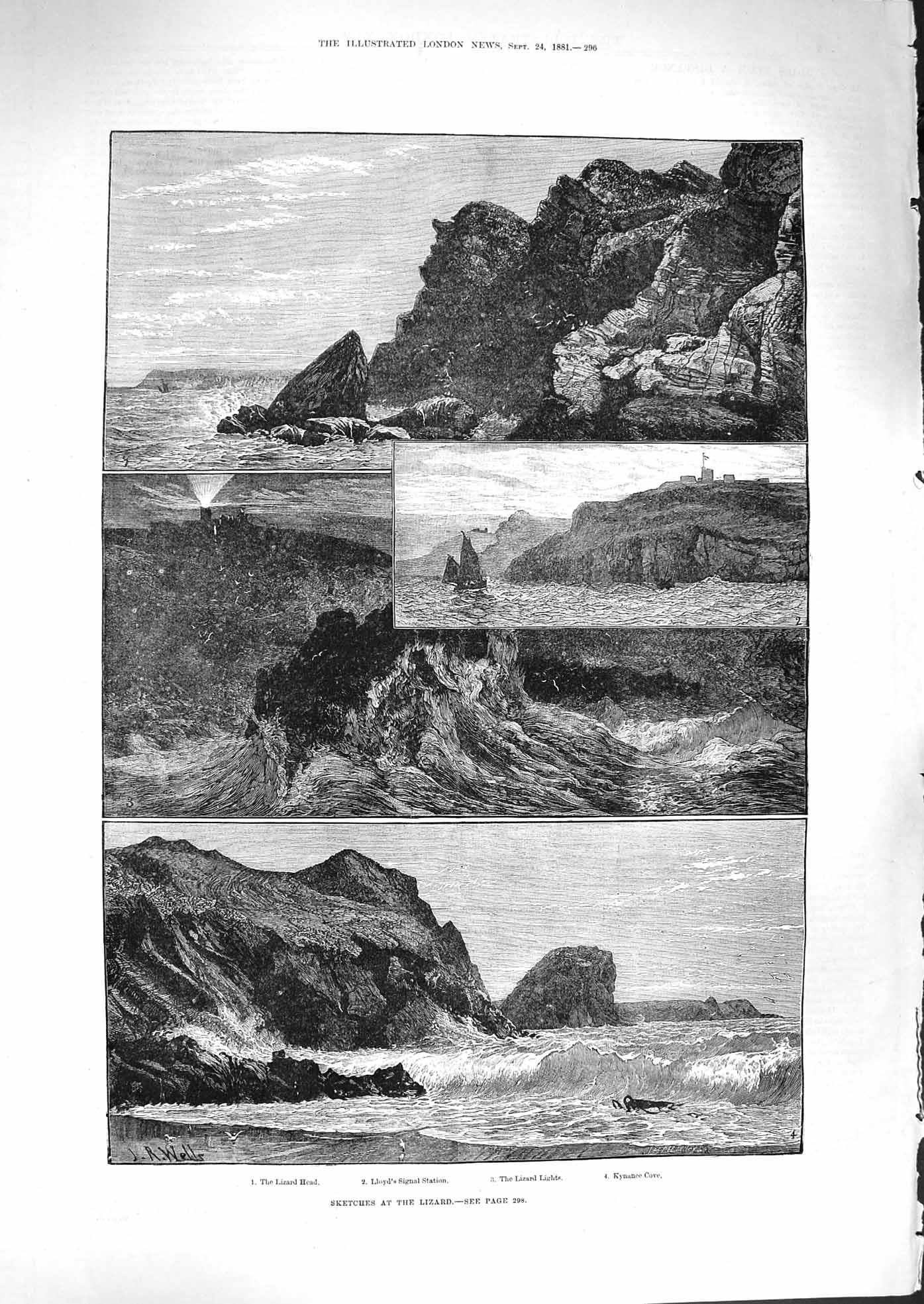 Original Old Antique Print 1881 Lizard Head Lloyd Signal Station Kynance Cove