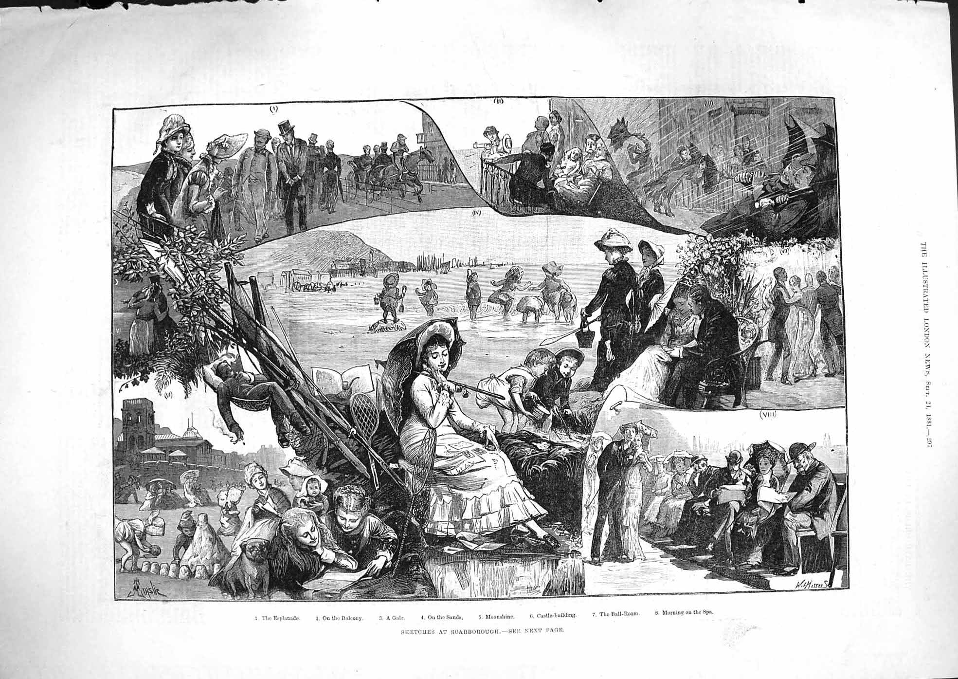 Original Old Antique Print 1881 Scarborough Sands Esplanade Seaside Ball-Room