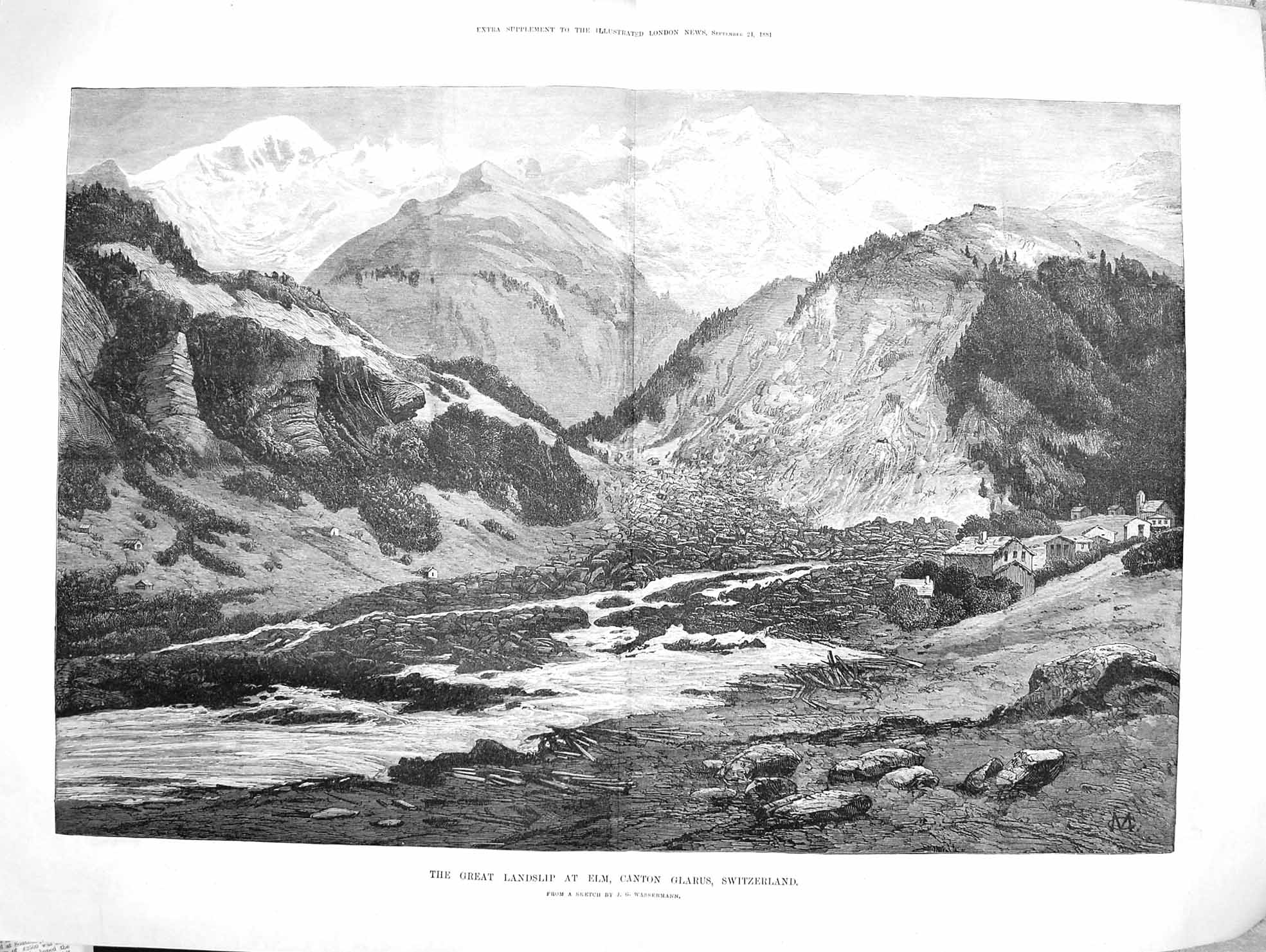 Original Old Antique Print 1881 Great Landslip Elm Canton Glarus Swit Victorian
