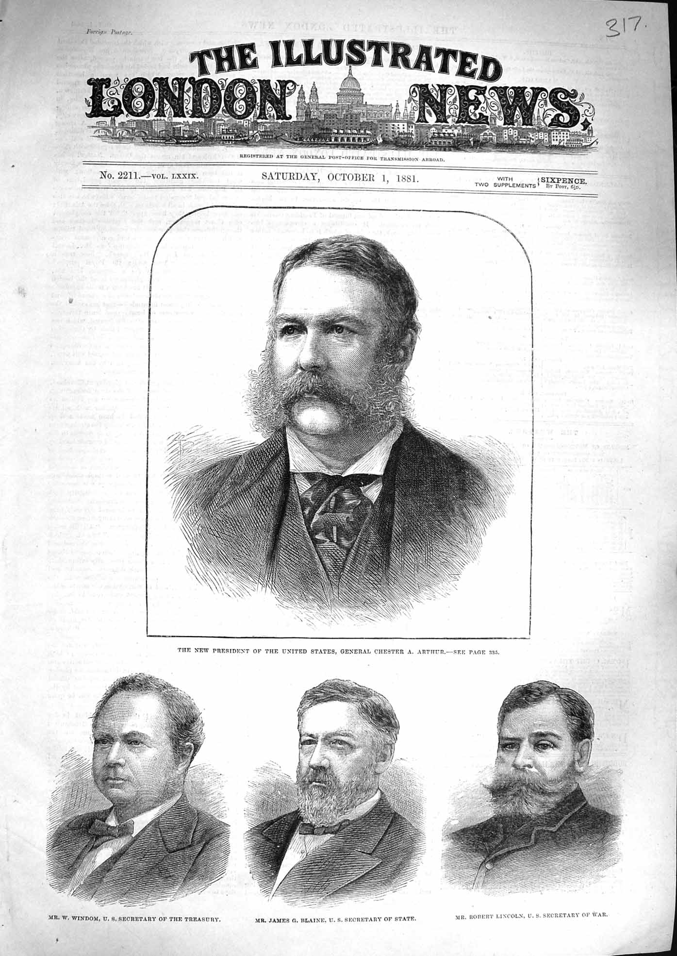 Original Old Antique Print 1881 President Arthur Windom Blaine Lincoln Kirkwood