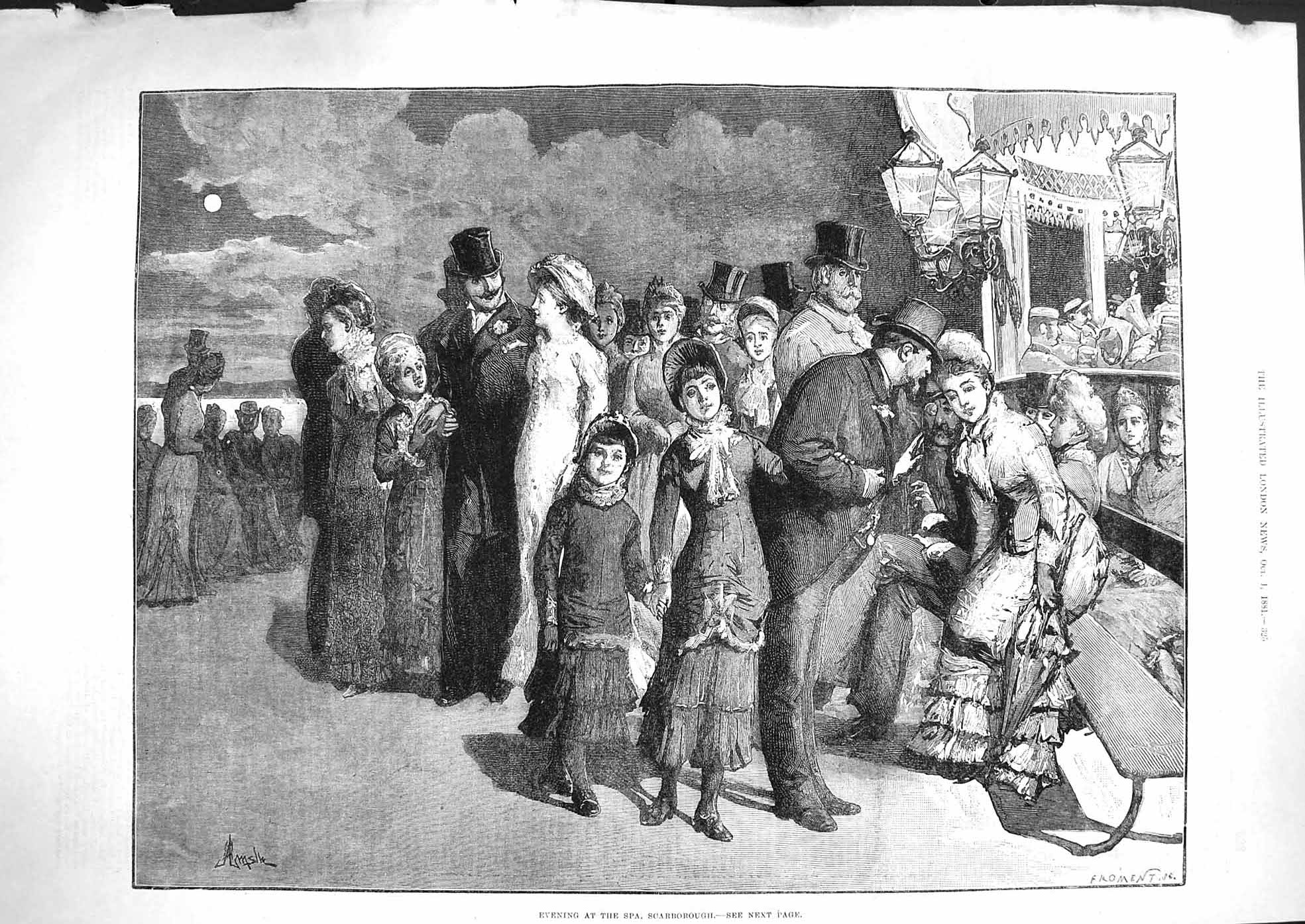 Original Old Antique Print 1881 Evening Spa Scarborough England Fine Art 19th