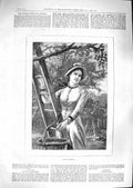 Original Old Antique Print 1881 Scene Lady Ladder Garden Apple Gathering Trees