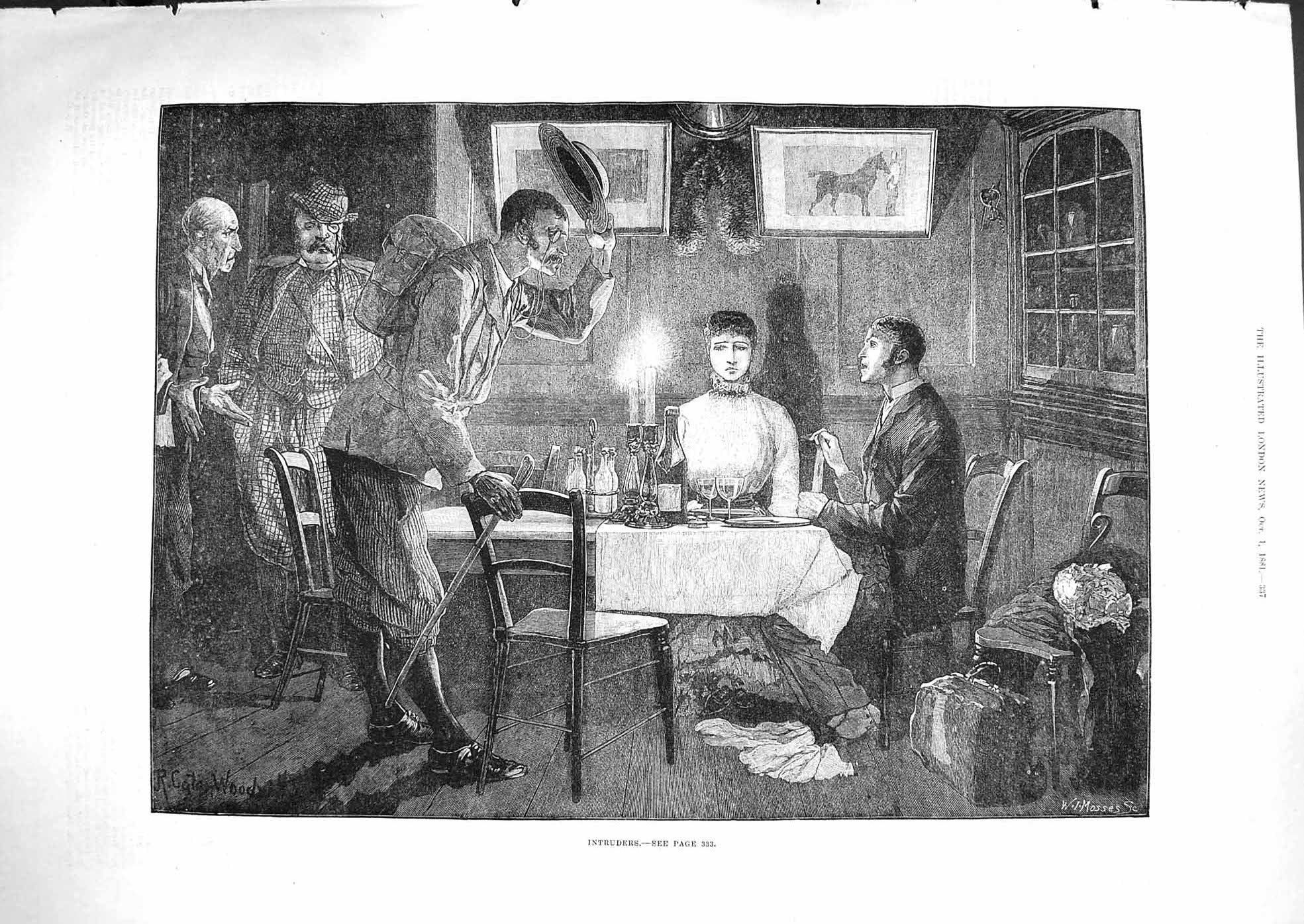 Original Old Antique Print 1881 Intruders Lady Man Dinner Romance Fine Art 19th