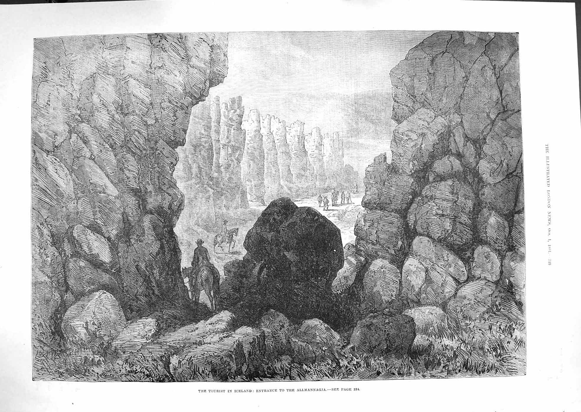 Old Antique Print 1881 Iceland View Entrance Allmannagja Rocks Fine Art 19th