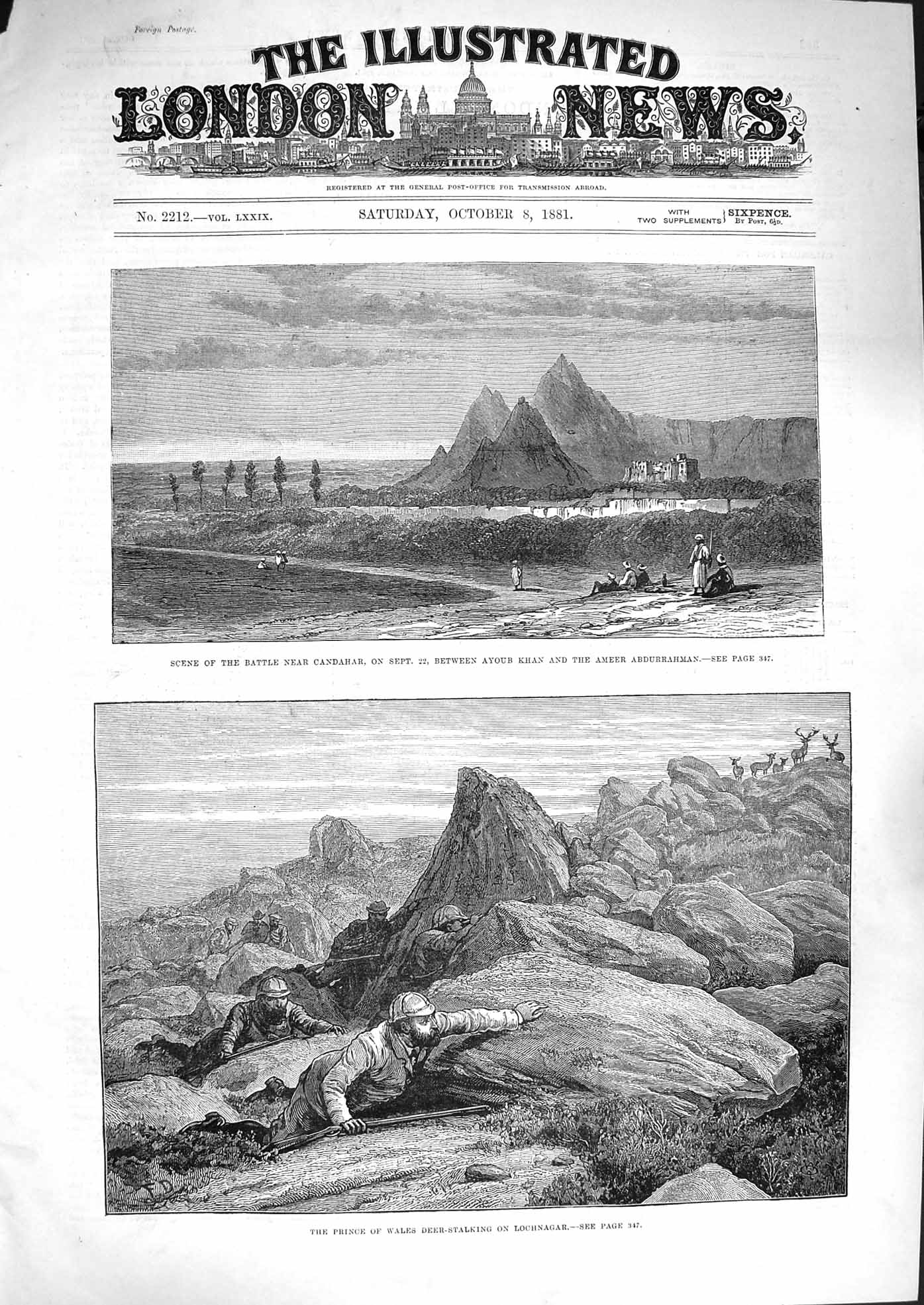 Old Antique Print 1881 Battle Candahar Ayoub Khan Deer Stalking Lochnagar 19th
