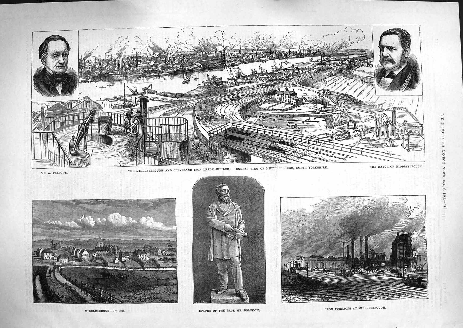 Old Antique Print 1881 Statue Bolckow Fallows Middlesborough Mayor Iron 19th