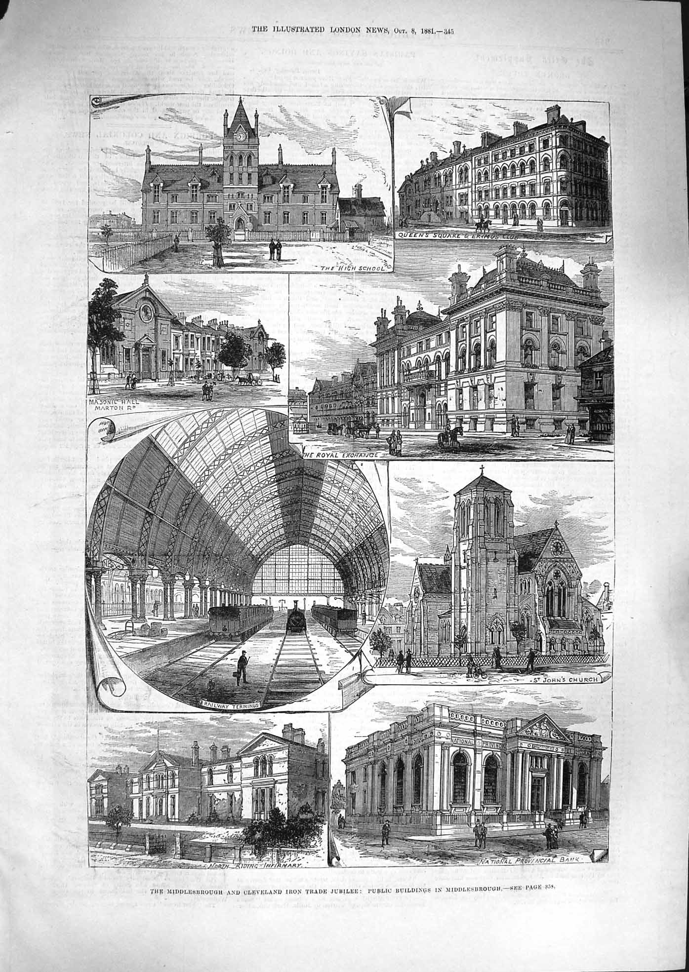 Original Old Antique Print 1881 Middlesborough Railway Royal Exchange Hospital