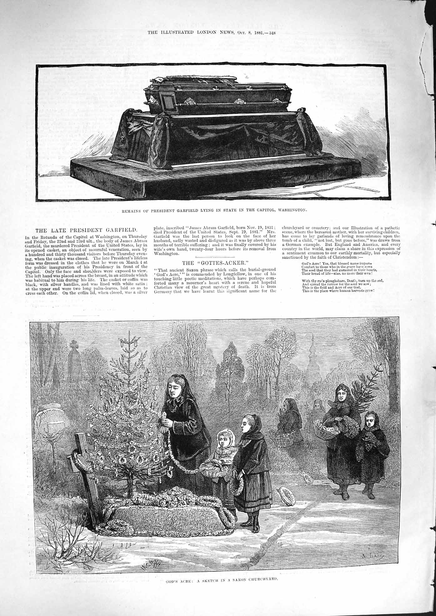 Old Antique Print 1881 President Garfield Capitol Washington Saxon Grave 19th