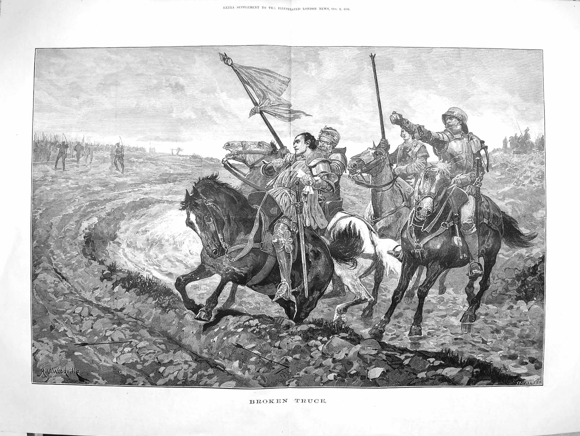 Original Old Antique Print 1881 Broken Truce War Siers Horses Fine Art 19th
