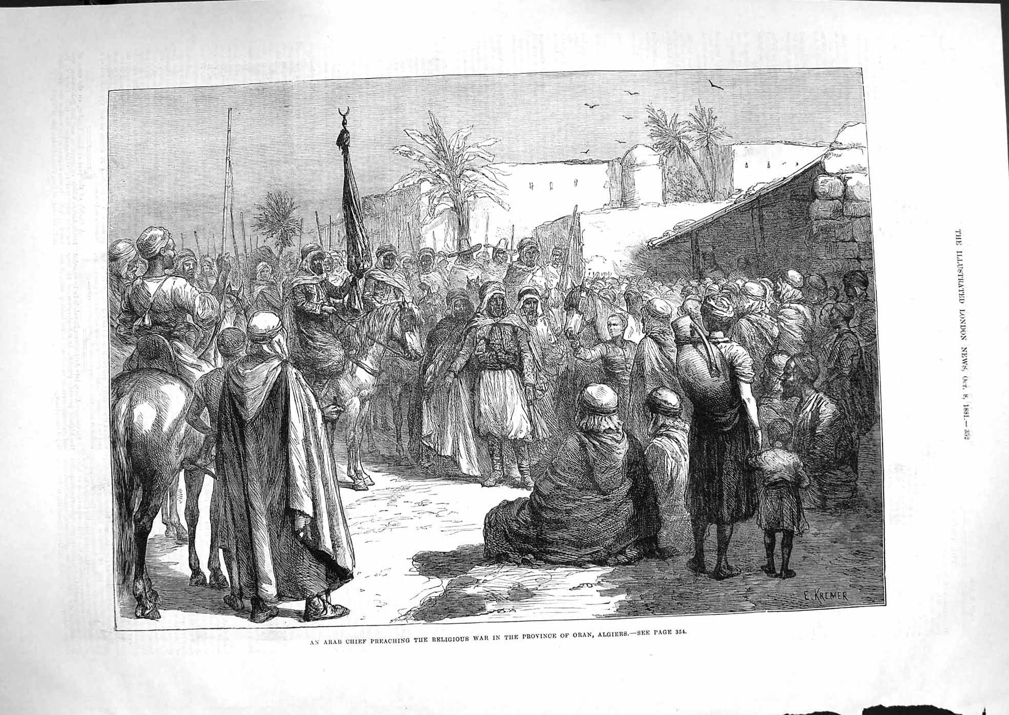 Antique Old Print *3304 1881 Arab Chief Preaching Religious War Oran Algiers