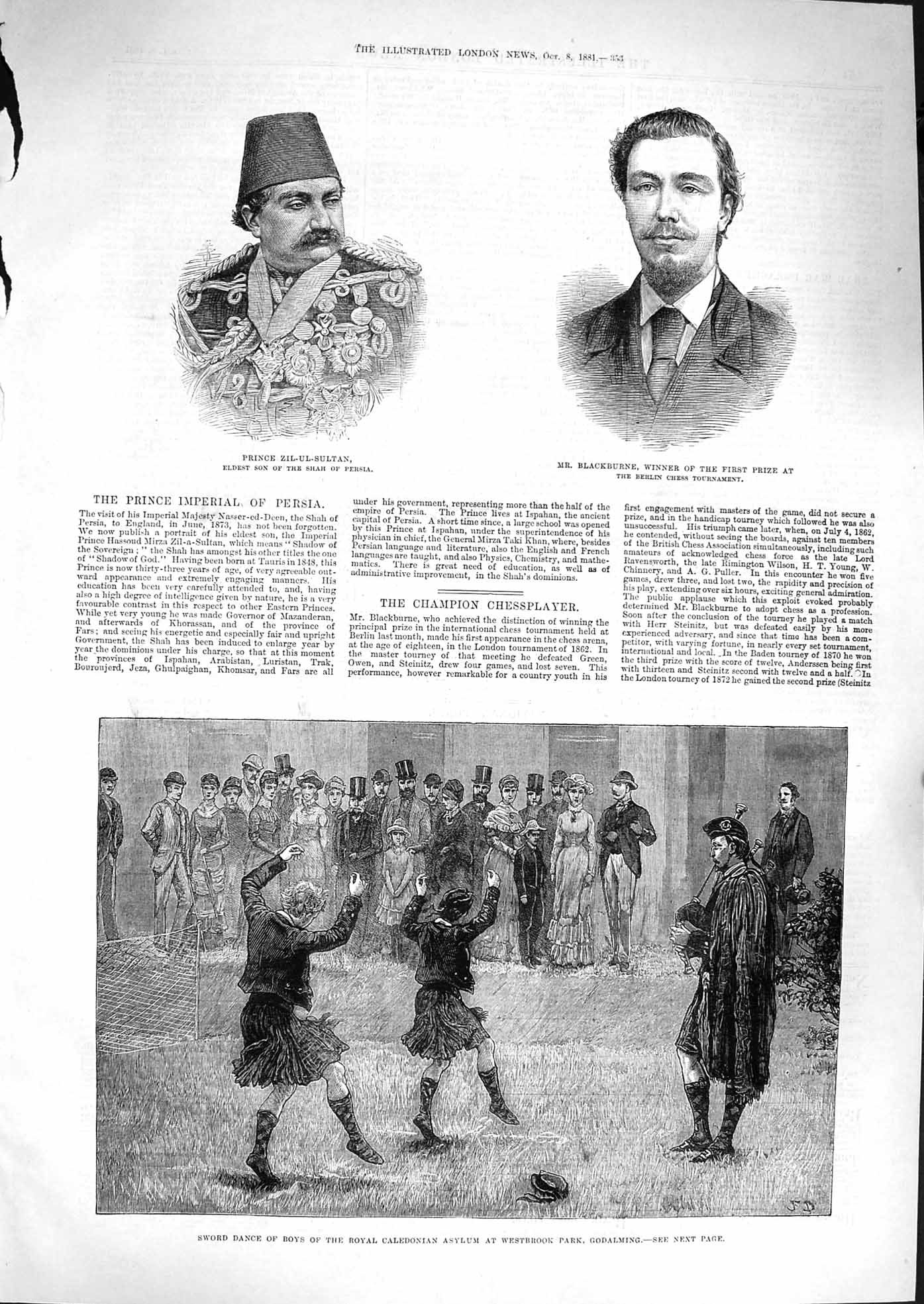 Old Antique Print 1881 Sword Dance Asylum Godalming Zil-Ul-Sultan Chess 19th
