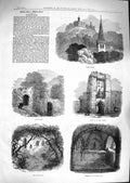 Old Antique Print 1881 Warkworth Gateway Castle Chapel Hermitage Bridge 19th