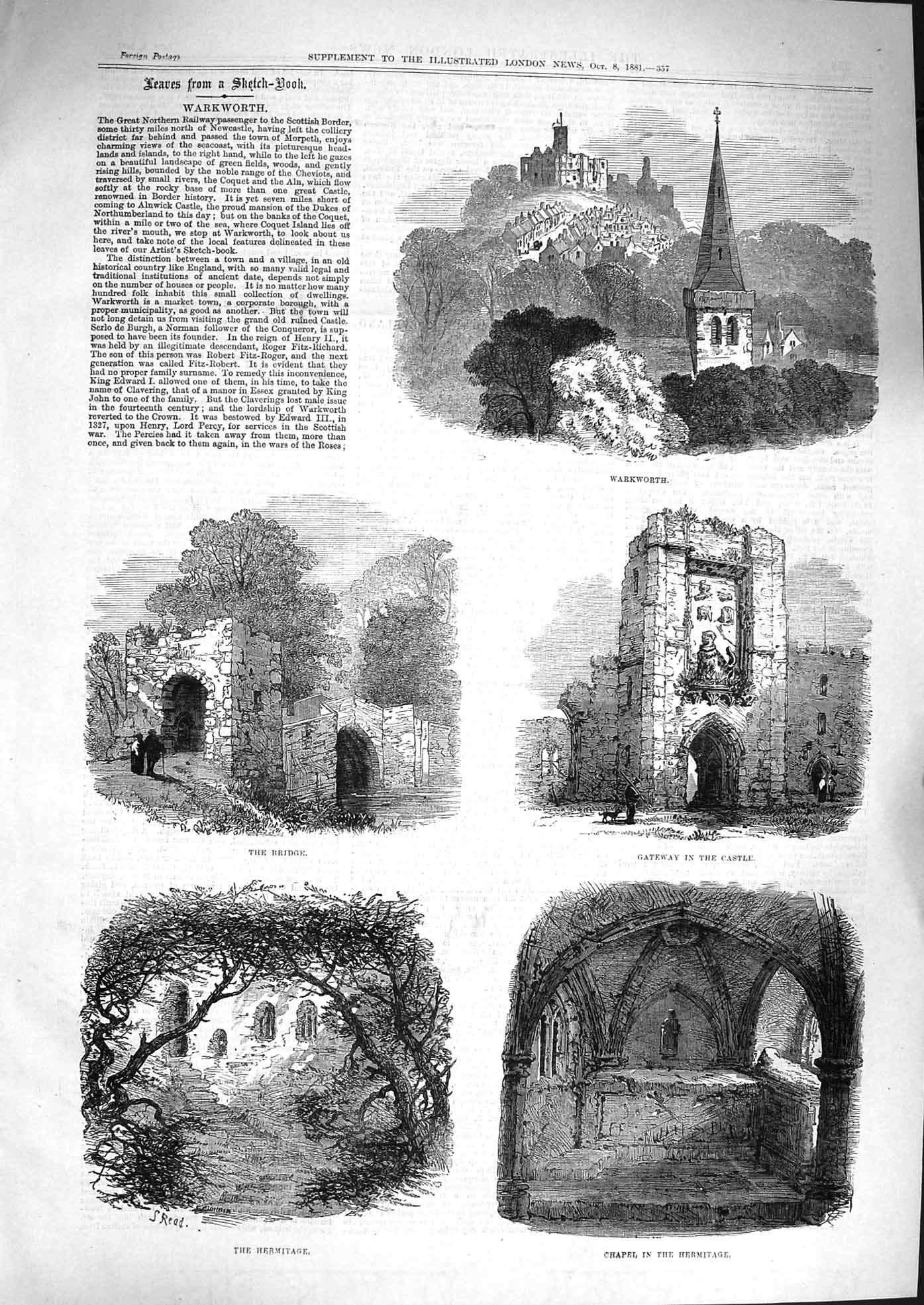 Old Antique Print 1881 Warkworth Gateway Castle Chapel Hermitage Bridge 19th