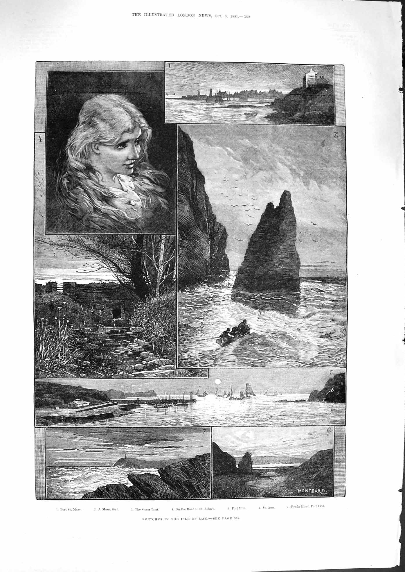 Old Antique Print 1881 Isle Man Port St. Mary Manx Girl Erin Brada Head 19th