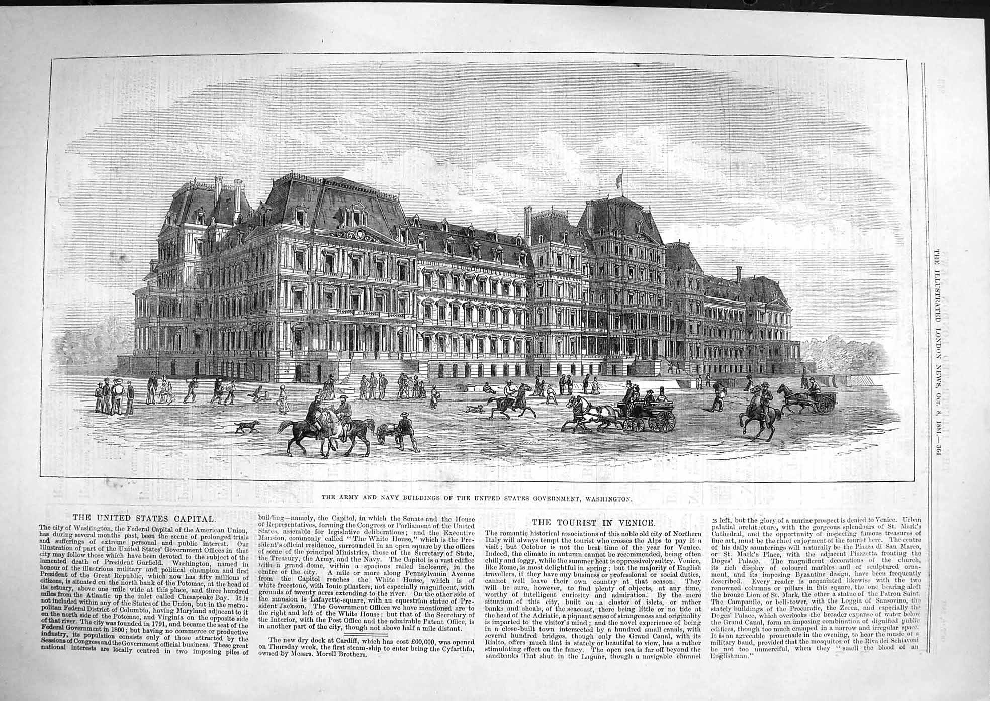 Old Antique Print 1881 Army Navy Buildings America Government Washington 19th