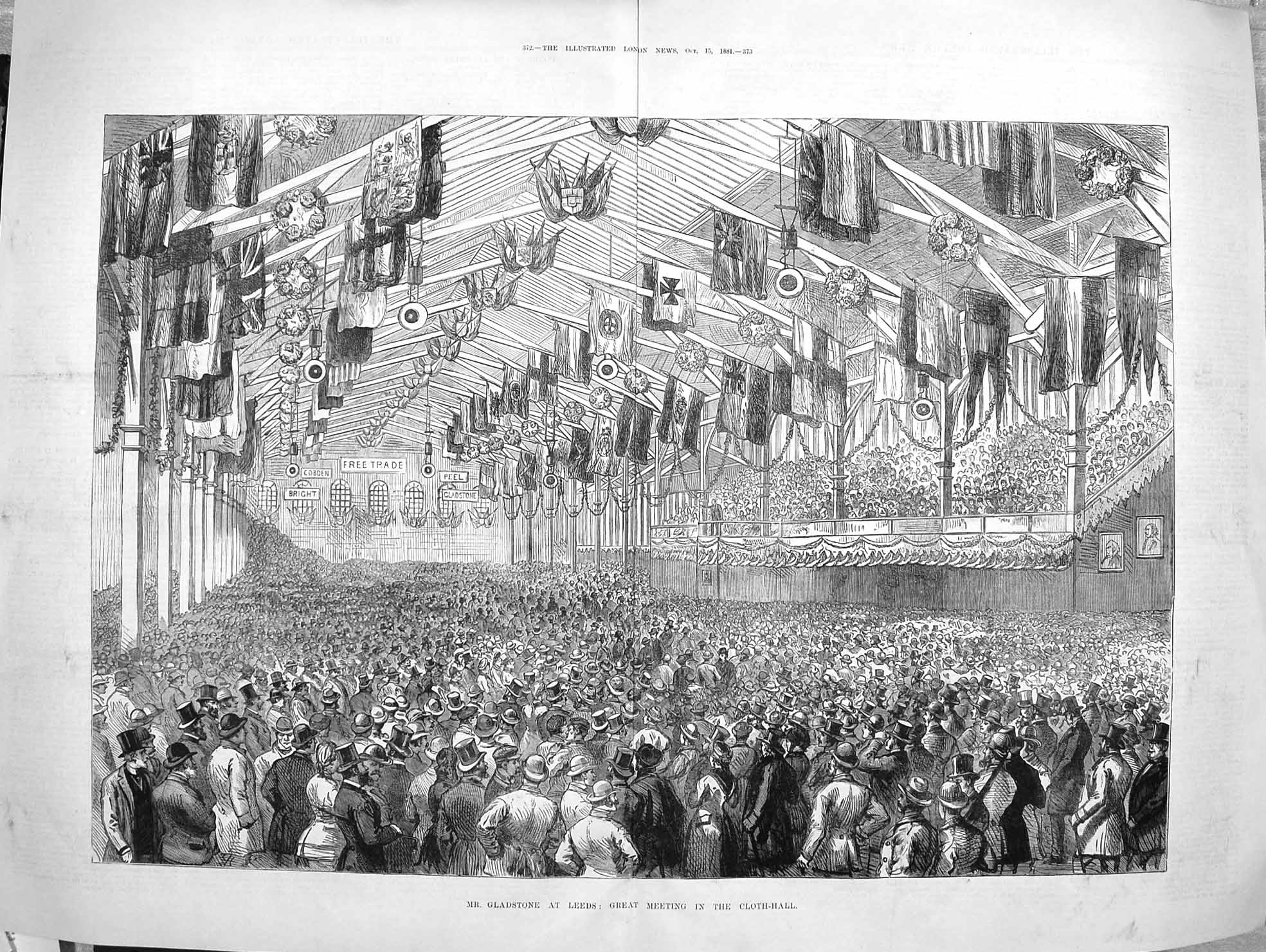 Original Old Antique Print 1881 Mr Gladstone Leeds Cloth-Hall Middlesborough