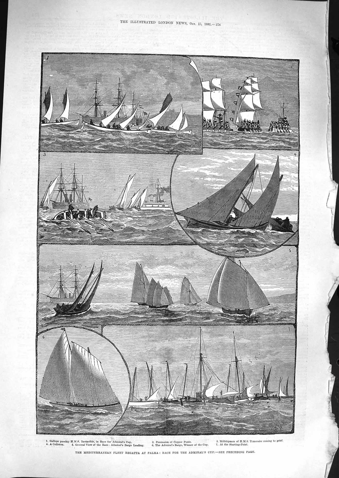 Original Old Antique Print 1881 Admiral Cup Regatta Palma Invincible Temeraire
