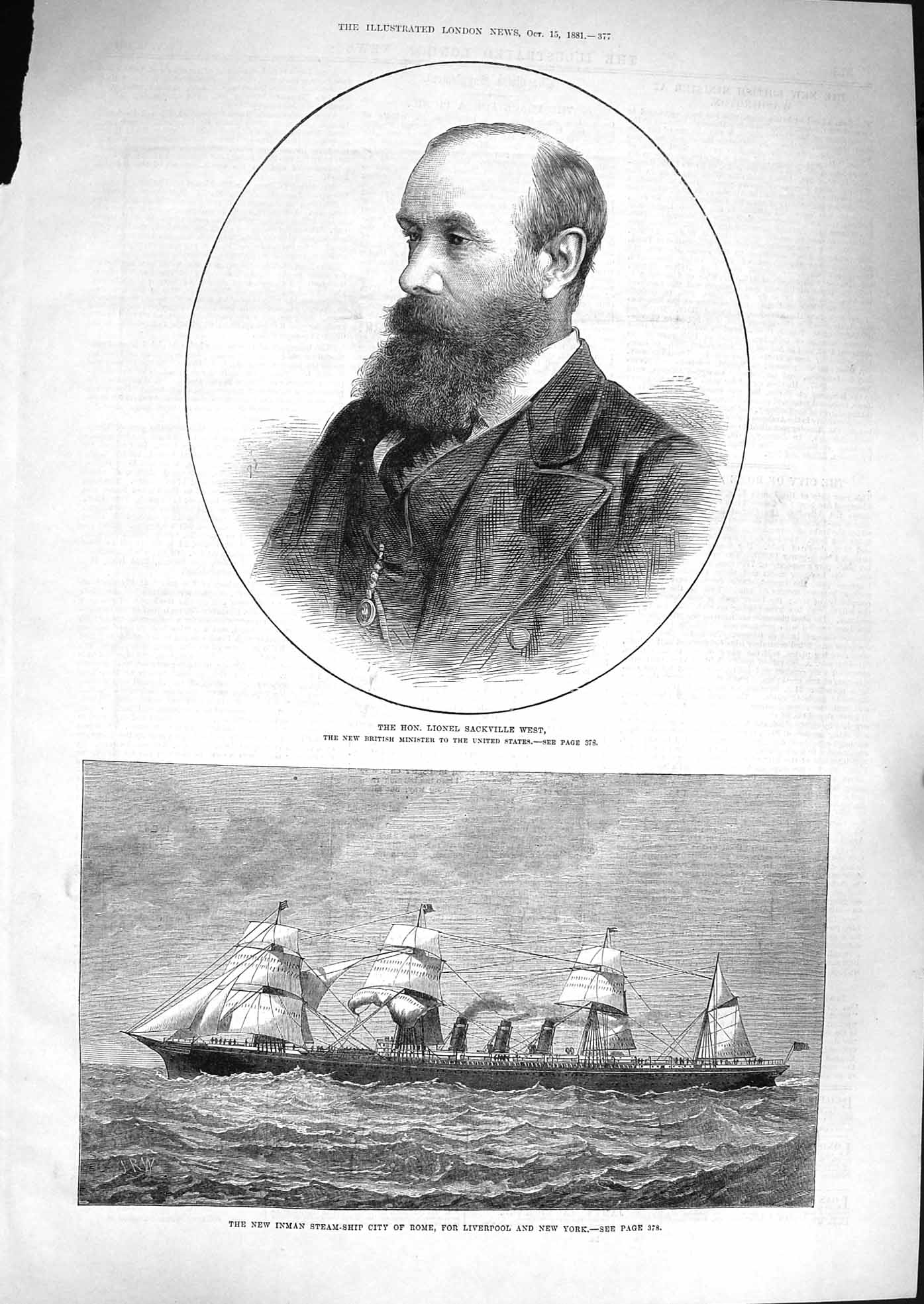 Antique Old Print *3299 1881 Lionel Sackville West Inman Steam Ship City Rome