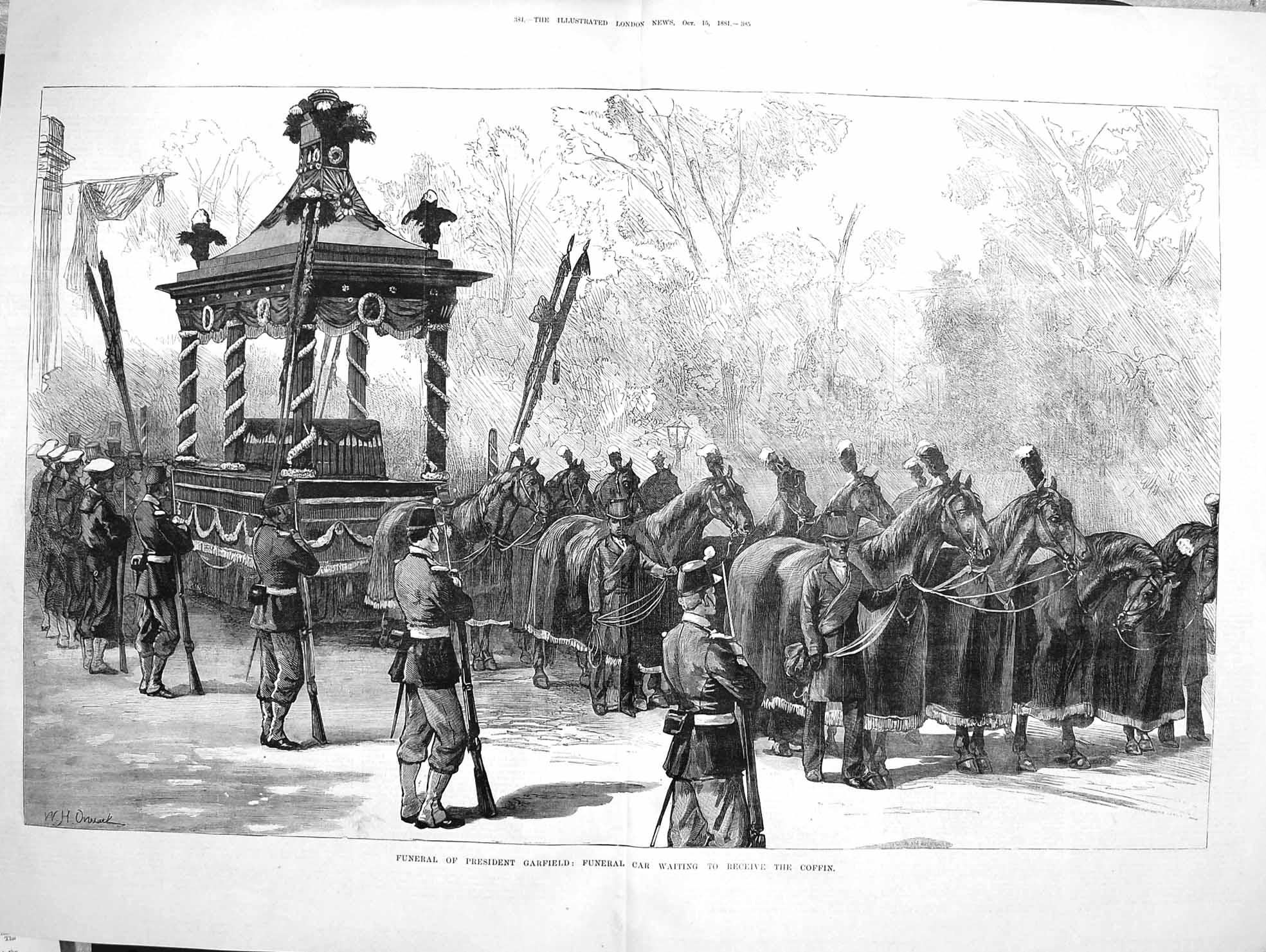 Original Old Antique Print 1881 Funeral President Garfield Car Coffin Horses