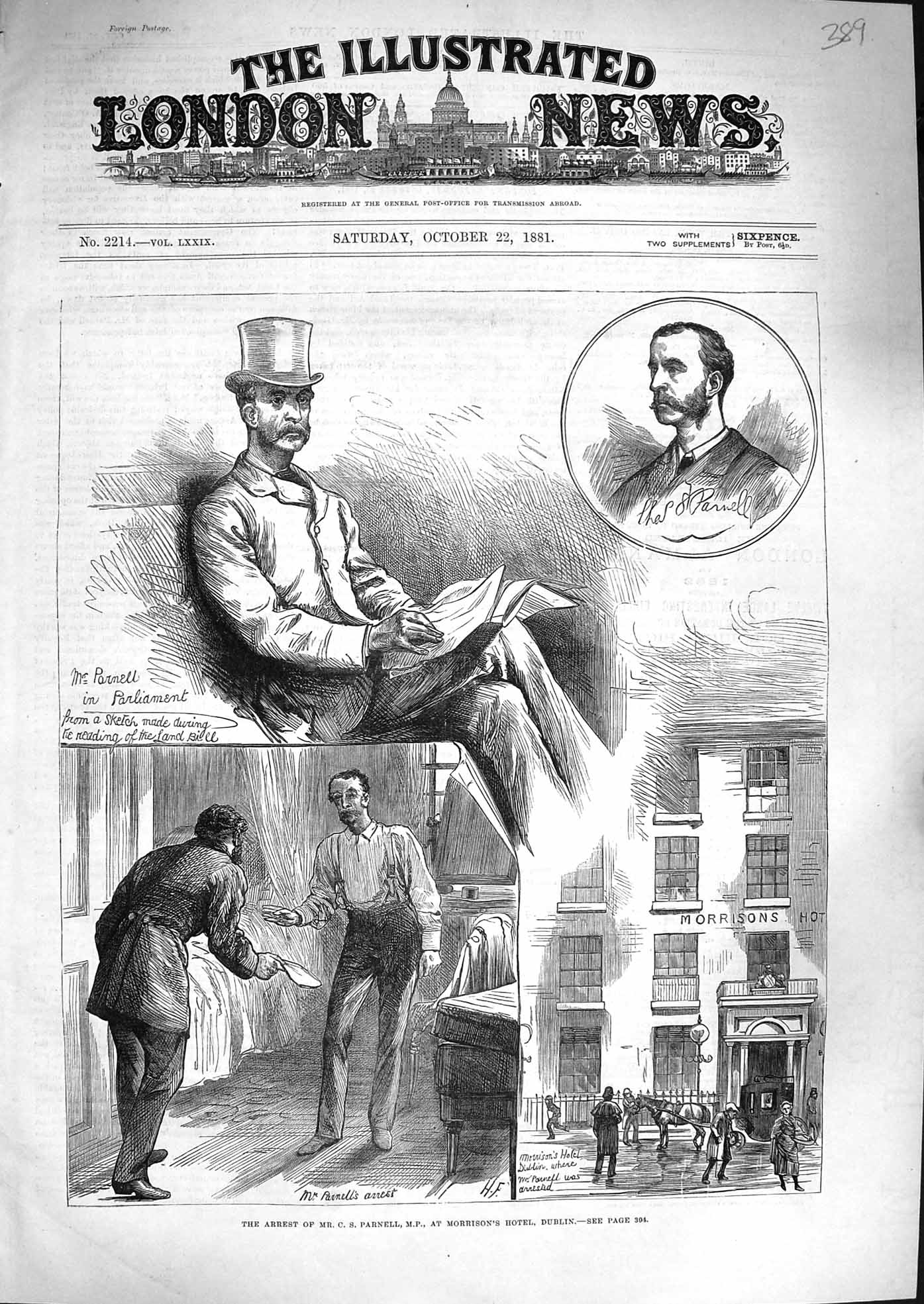 Original Old Antique Print 1881 Arrest Parnell Morrison'S Hotel Dublin 19th