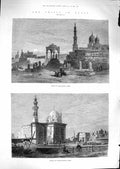 Original Old Antique Print 1881 Egypt Tombs Caliphs Cairo Mosque Sultan Hassan
