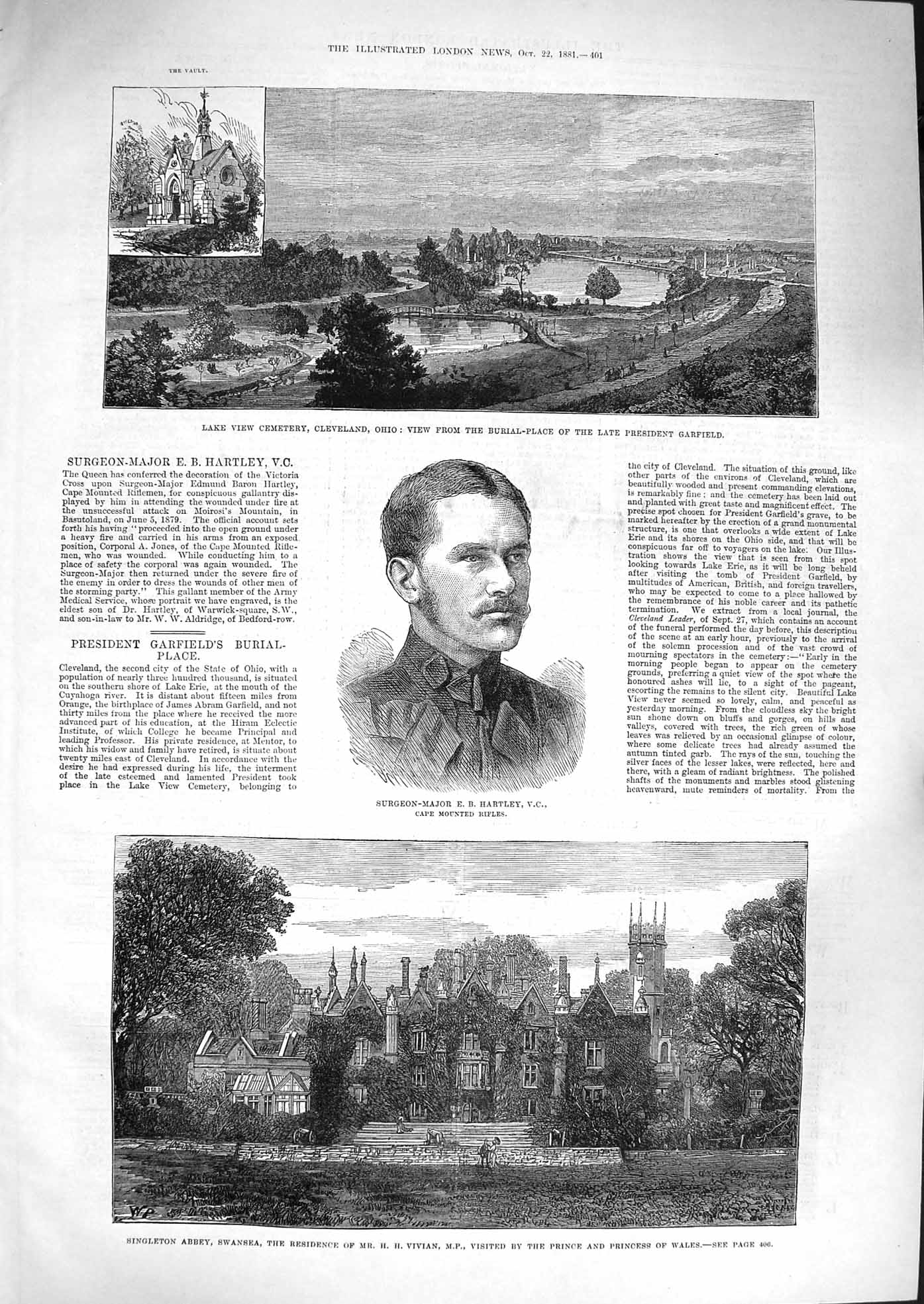 Old Antique Print 1881 Singleton Abbey Vivian Hartley Cemetery Cleveland 19th