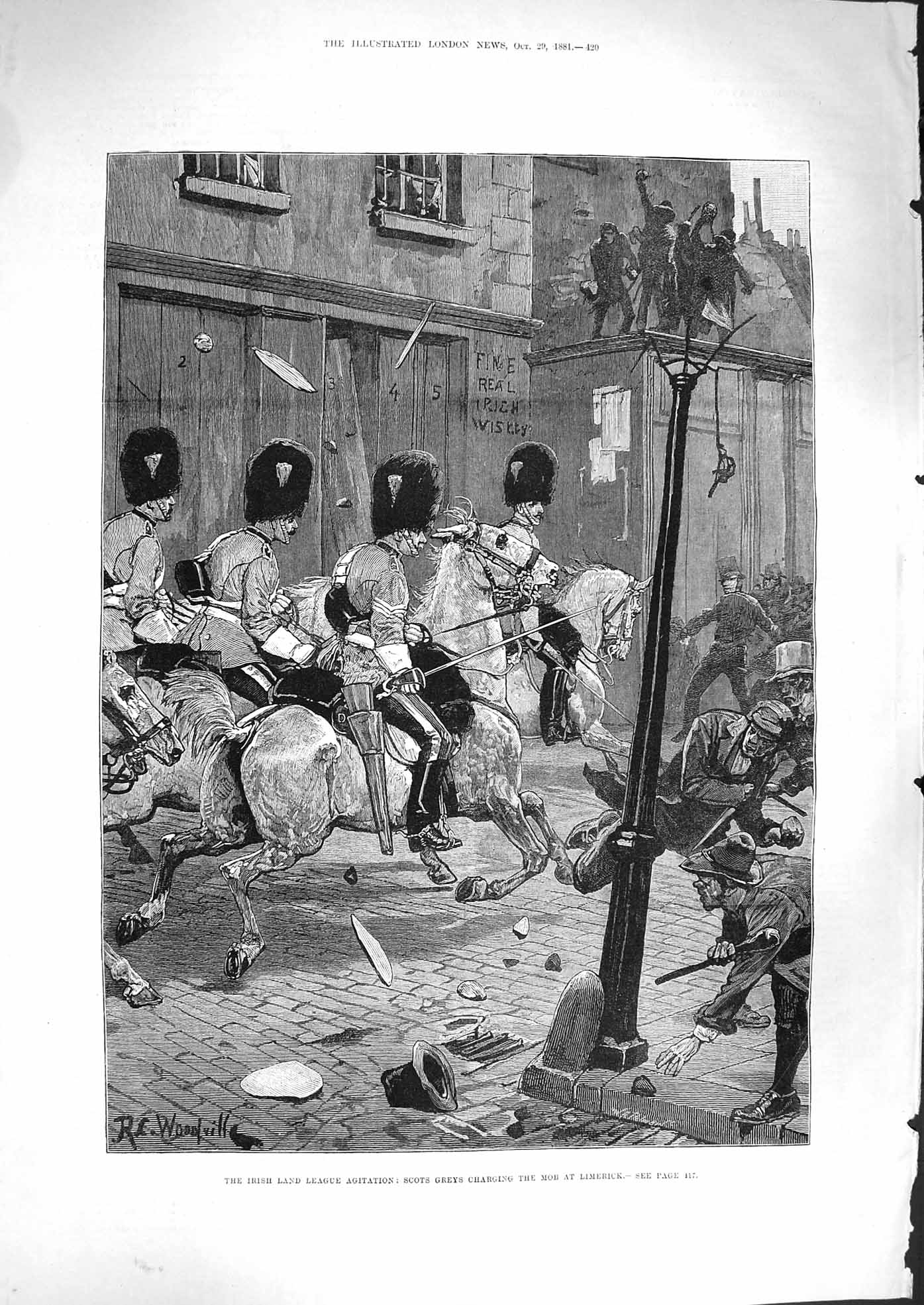 Antique Old Print *3303 1881 Irish Land League Agitation Scots Greys Limerick