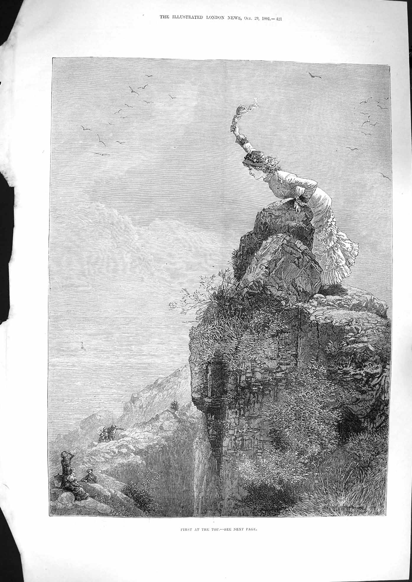 Original Old Antique Print 1881 First Top Cliff Young Woman Sea 19th