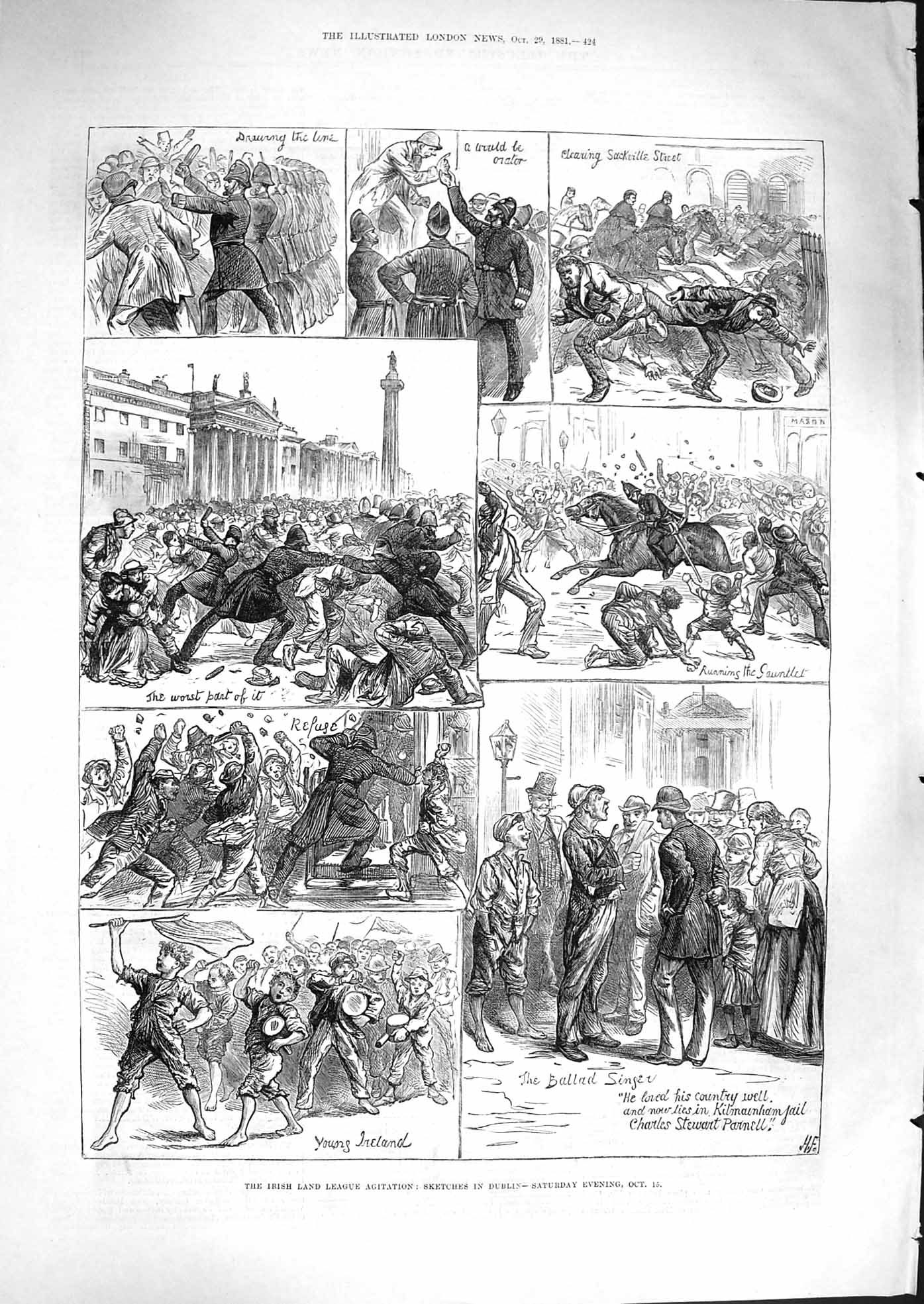 Original Old Antique Print 1881 Irish Land League Agitation Ireland Children