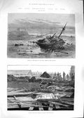 Original Old Antique Print 1881 Mouth River Tyne Ship Wreck Iron Church Whitby