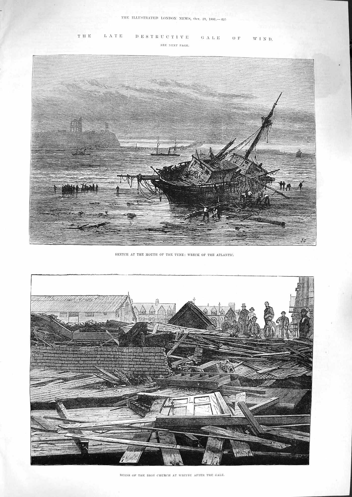 Original Old Antique Print 1881 Mouth River Tyne Ship Wreck Iron Church Whitby